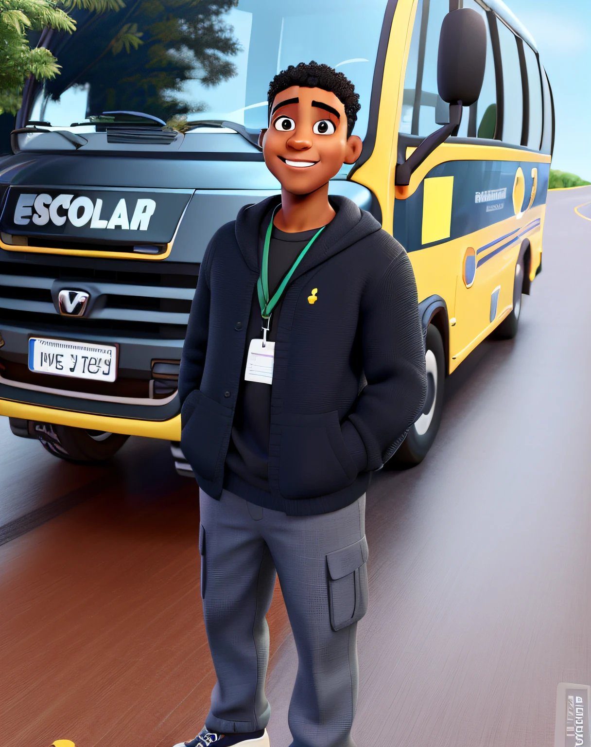Um homem negro , cabelo curto crespo, olhos um pouco fechado , e um sorriso aberto , com onibus amarelho escolar no fundo, e na sua frente esta escrito " ESCOLAR " , estilo disney pixar , alta qualidade , melhor qualidade