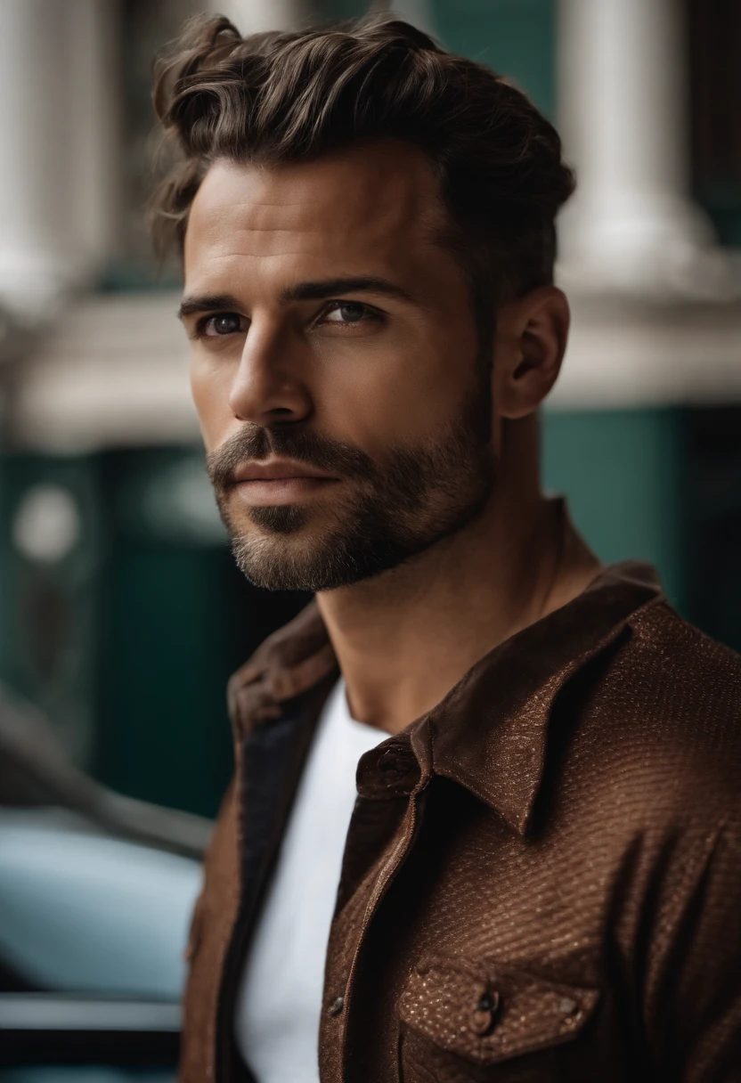 Um homem de 30 anos, com cabelos castanhos curtos,face de diamante, olhar rigoroso, e olhos castanhos, vestindo camisa branca branca