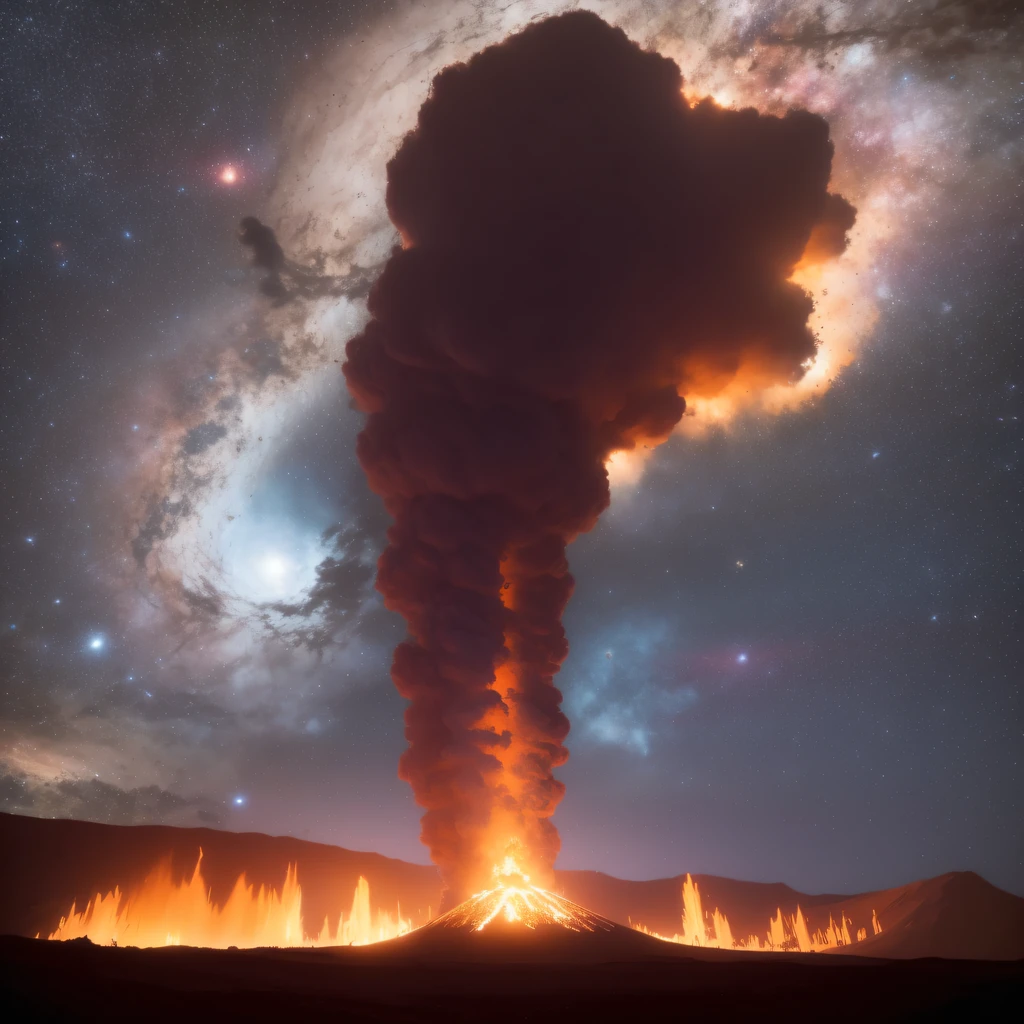 （（（The spacesuit is broken）））The astronaut，Alien base (Very detailed) In the mountainous desert，There are several exhaust fans and chimneys, Some spotlights come out of the base to illuminate dark places, (Extreme nights), Some clouds in the night sky, Some of the surrounding planets provide air to unknown planets，The farthest giant volcano is erupting（(The astronaut)）（（（The spacesuit is broken）））