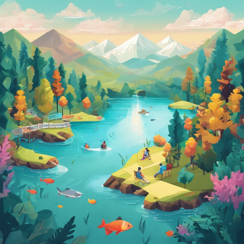 imagem de uma pessoa pescando em um lago com aguas cristalinas