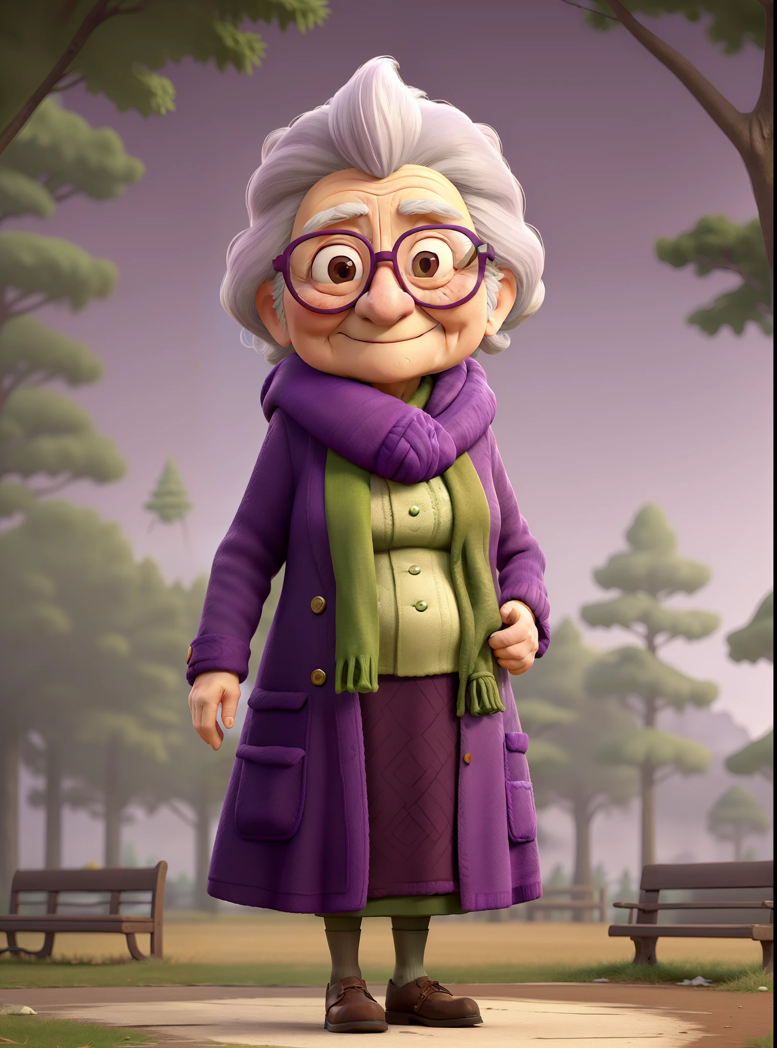 masterpiece, best quality, an old woman with glasses and a scarf on, wearing a purple coat and green scarf, standing at the park