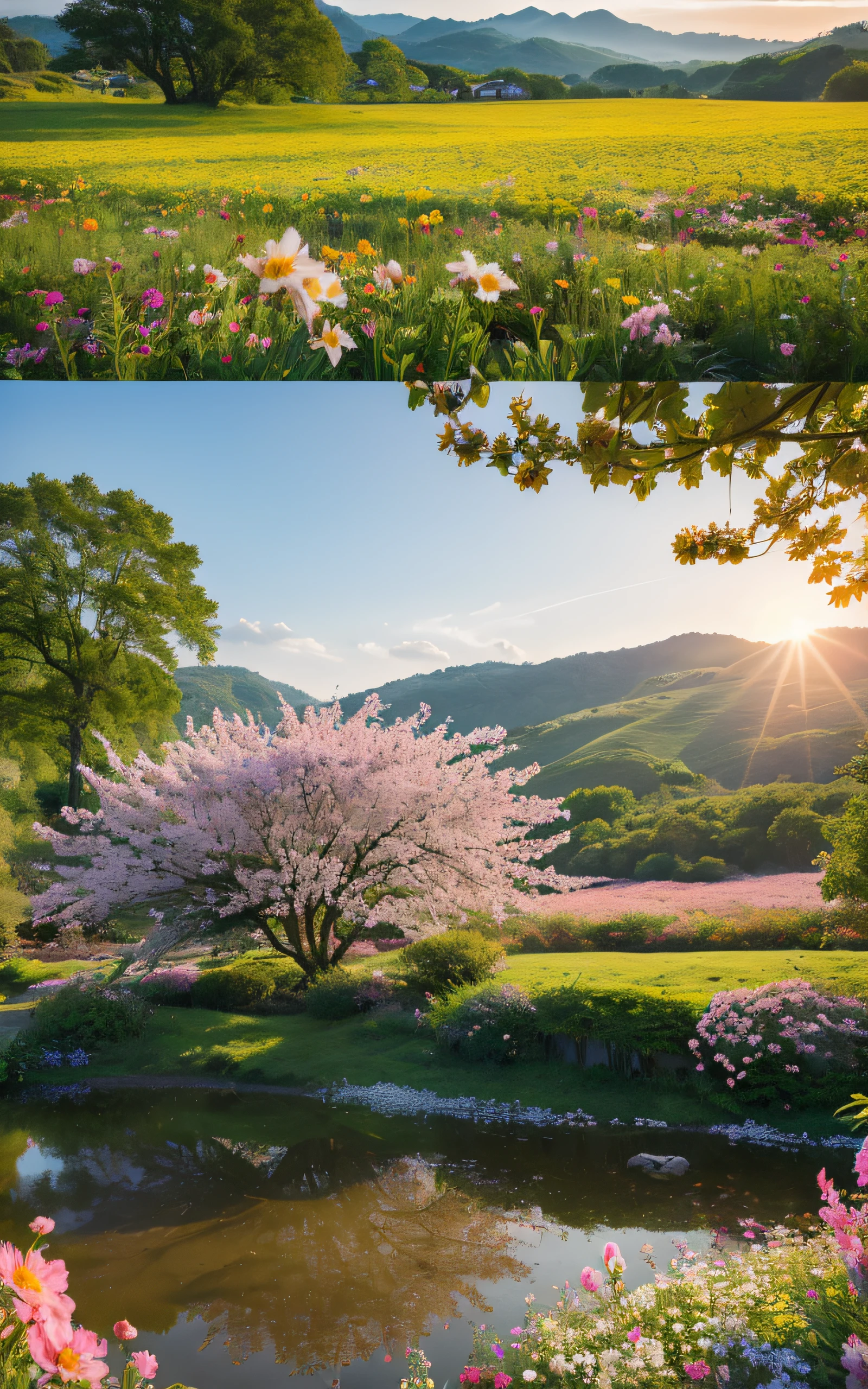 ((top-quality、masterpiece、photographrealistic:1.4、in 8K))、wide-angle lens, wide screen, Wrapped in the soft morning light, Tranquil countryside covered in a blanket of blooming flowers. no people,