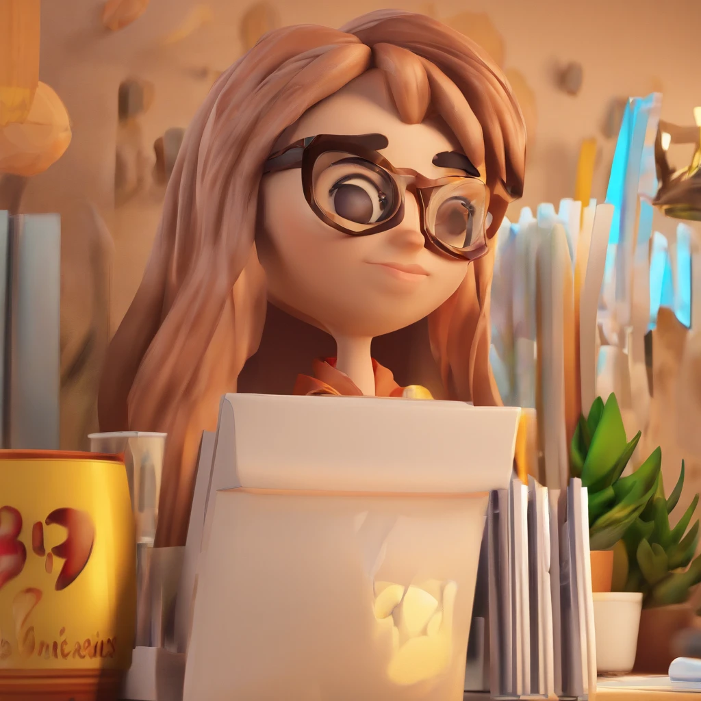 create a 3D movie poster inspired by Disney Pixar, The setting is a gift shop with a table, canecas, computador, maquina de recorte, encadernadora, impressoras, papers, tesouras, tintas. The main character is a white-skinned woman, de meia-idade de cinquenta um anis e cabelos grisalhos lisos e de comprimento longo, olhos castanhos, vestindo camiseta branca, Jeans and brown glasses.