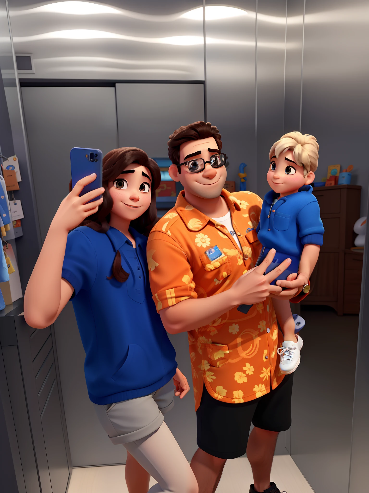 Um homem, um menino, uma mulher segurando um iphone no estilo Disney pixar, alta qualidade, melhor qualidade