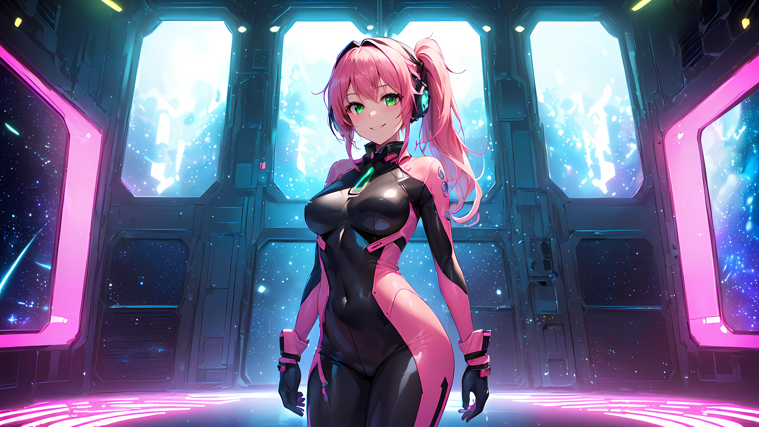 hd masterpiece, 1girl, ecchi girl ((20year old, dressed in a futuristic tight bodysuit, boots, medium breasts:1.2, multicolor pink hair, twin ponytails, perfect model body:1.4, detailed green eyes:1.7, flirting, happy, big smile, wearing headphones, inspired by Yuumei, looking at viewer, standing in a spaceship hangar:1.2, cowboy shot:1.3, windows showing a galaxy in the background:1.3, fun and exciting atmosphere:1.2)) ((solo:1.8)) ((galaxy and stars))