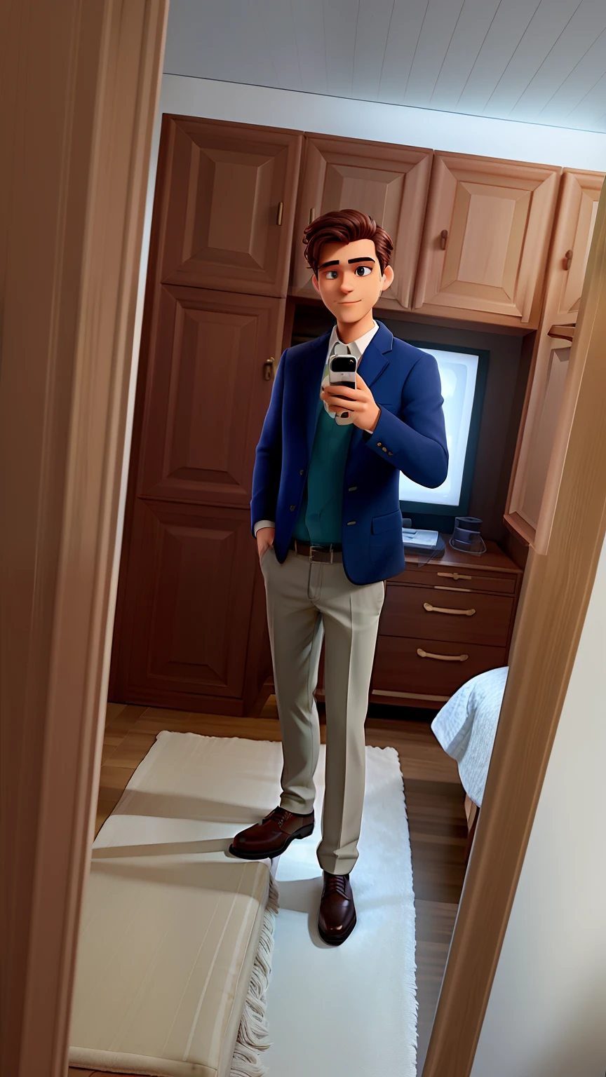 Um homem elegante parado em frente ao espelho, illuminated by the light of a lamp, against the backdrop of a closet with his cell phone in his hand