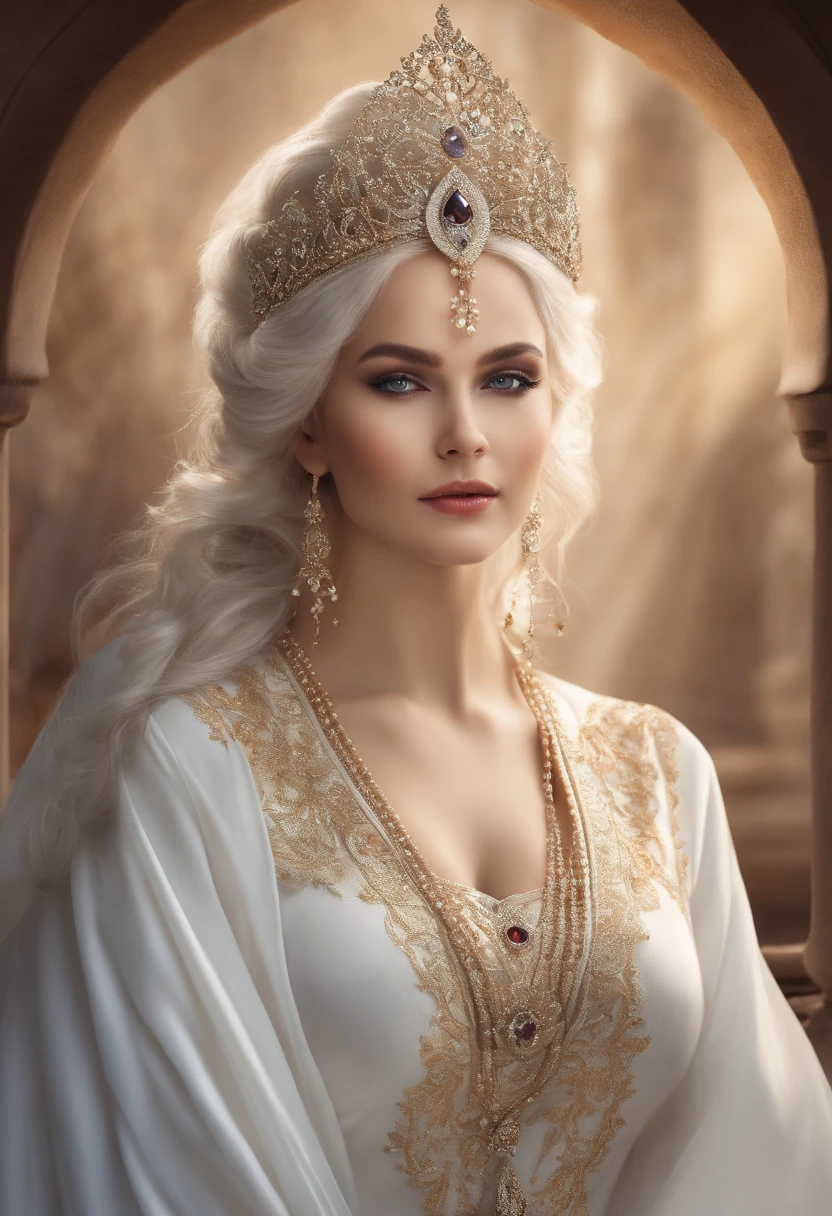 A beautiful empress, Kristallklare Haut, Beautiful appearance, tiefe Weisheit in ihren Augen, as if she had seen through everything in the world, dressed in a beautiful white robe, Ein Langschwert in der Hand, Dancing robes in the wind and silver hair, das im Wind flattert, The white robe perfectly outlines the graceful figure, Das Auftreten ist sanft und idyllisch, wie eine makellose Fee