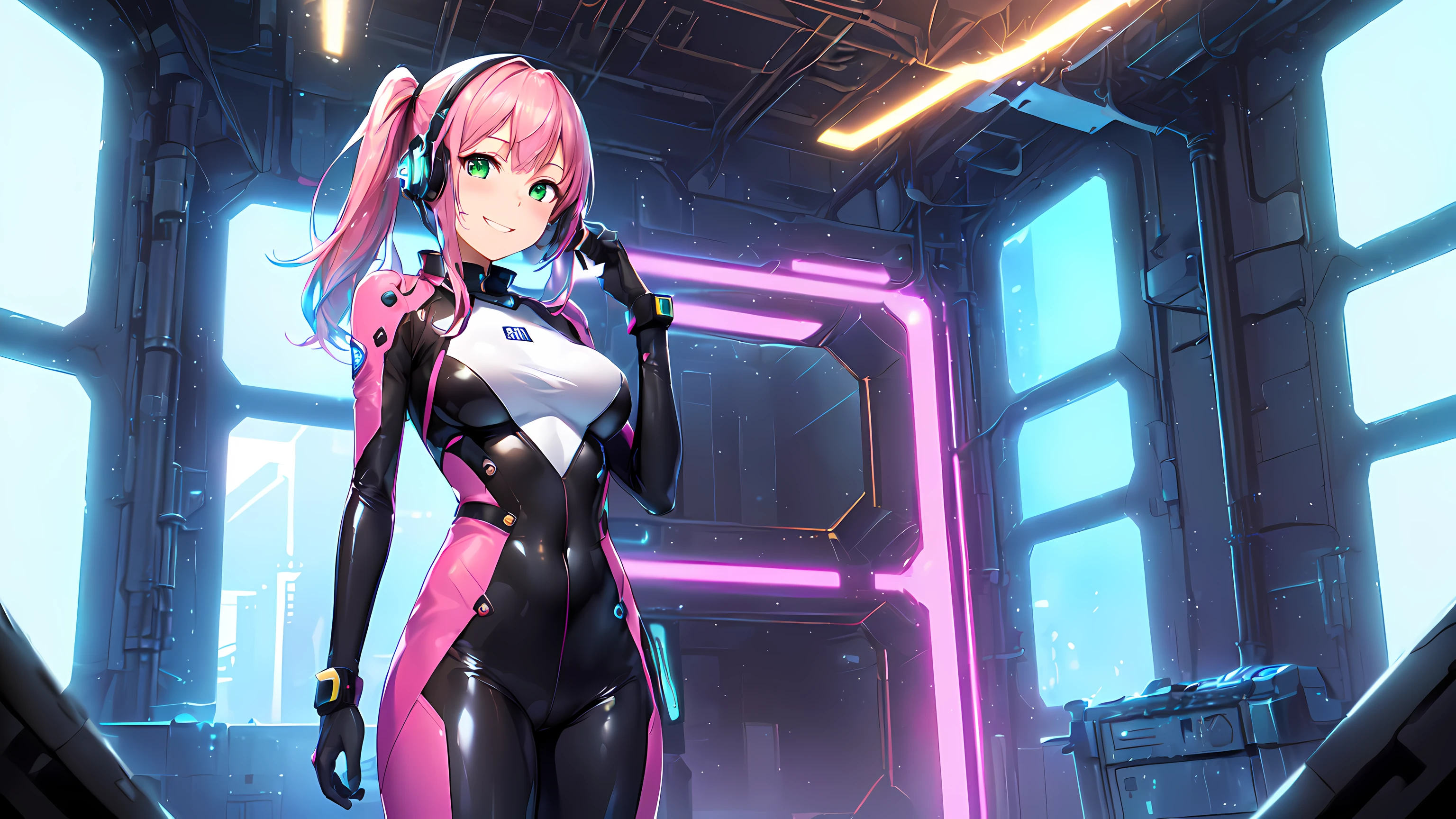hd masterpiece, 1girl, ecchi girl ((20year old, dressed in a futuristic tight bodysuit, boots, medium breasts:1.2, multicolor pink hair, twin ponytails, perfect model body:1.4, detailed green eyes:1.7, flirting, happy, big smile, wearing headphones, inspired by Yuumei, looking at viewer, standing in a spaceship hangar:1.2, cowboy shot:1.3, windows showing a galaxy in the background:1.3, fun and exciting atmosphere:1.2)) ((solo:1.8)) ((galaxy and stars))