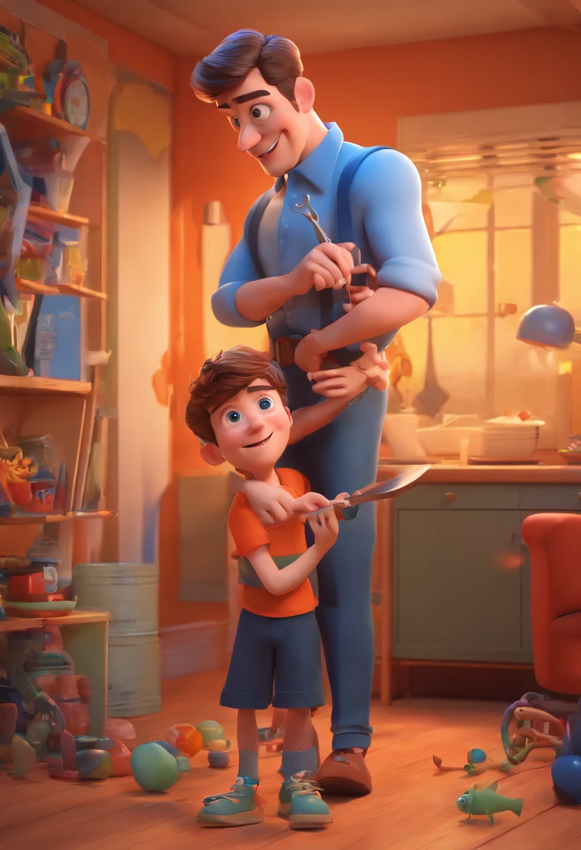 Estilo Pixar: The grown man is holding a naked blue-eyed boy and in his other hand he is holding a pair of scissors and is trying to cut off the boy's testicles,3D Poster,Disney