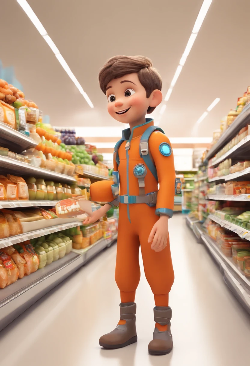 a happy and cute boy has short hair, wears a space costume in the supermarket, white background, barnet, tone, Pixar style, ....3d, cartoon, detailed face, asymmetrical 16k