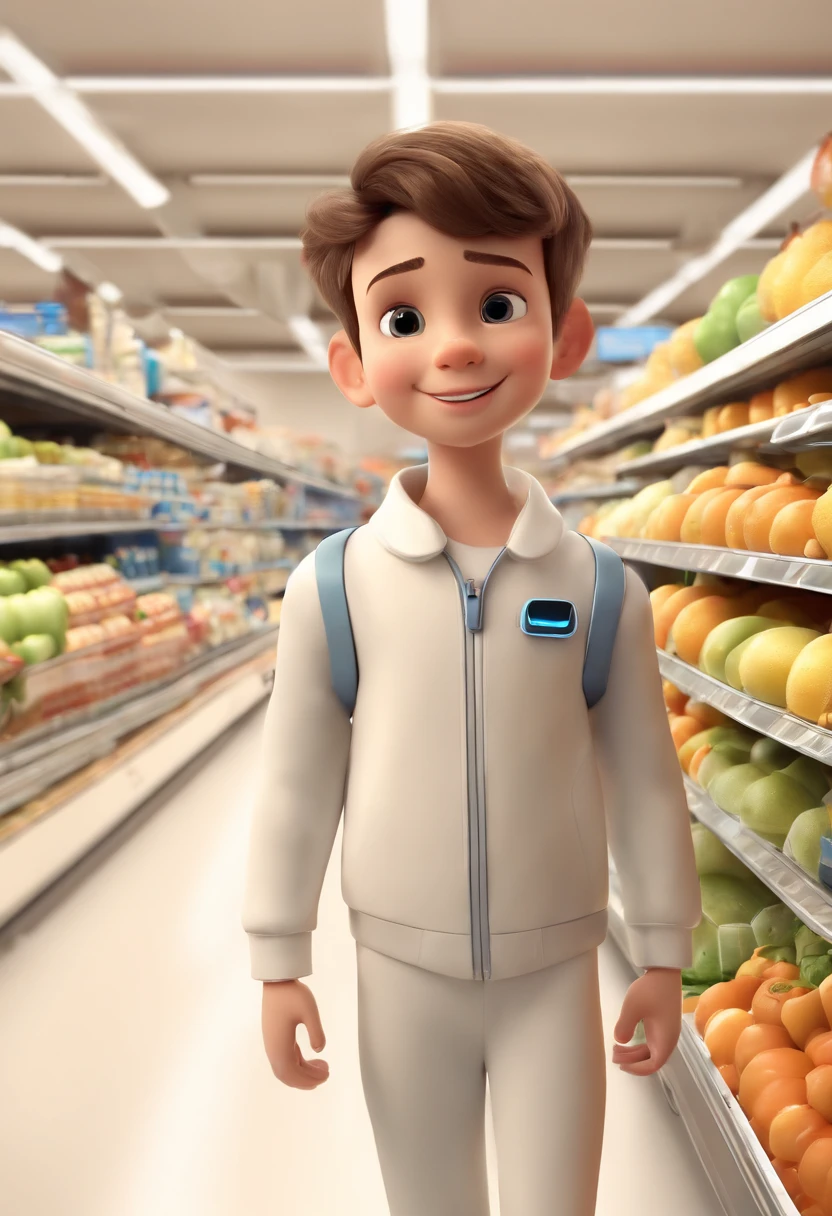 a happy and cute boy has short hair, wears a space costume in the supermarket, white background, barnet, tone, Pixar style, ....3d, cartoon, detailed face, asymmetrical 16k