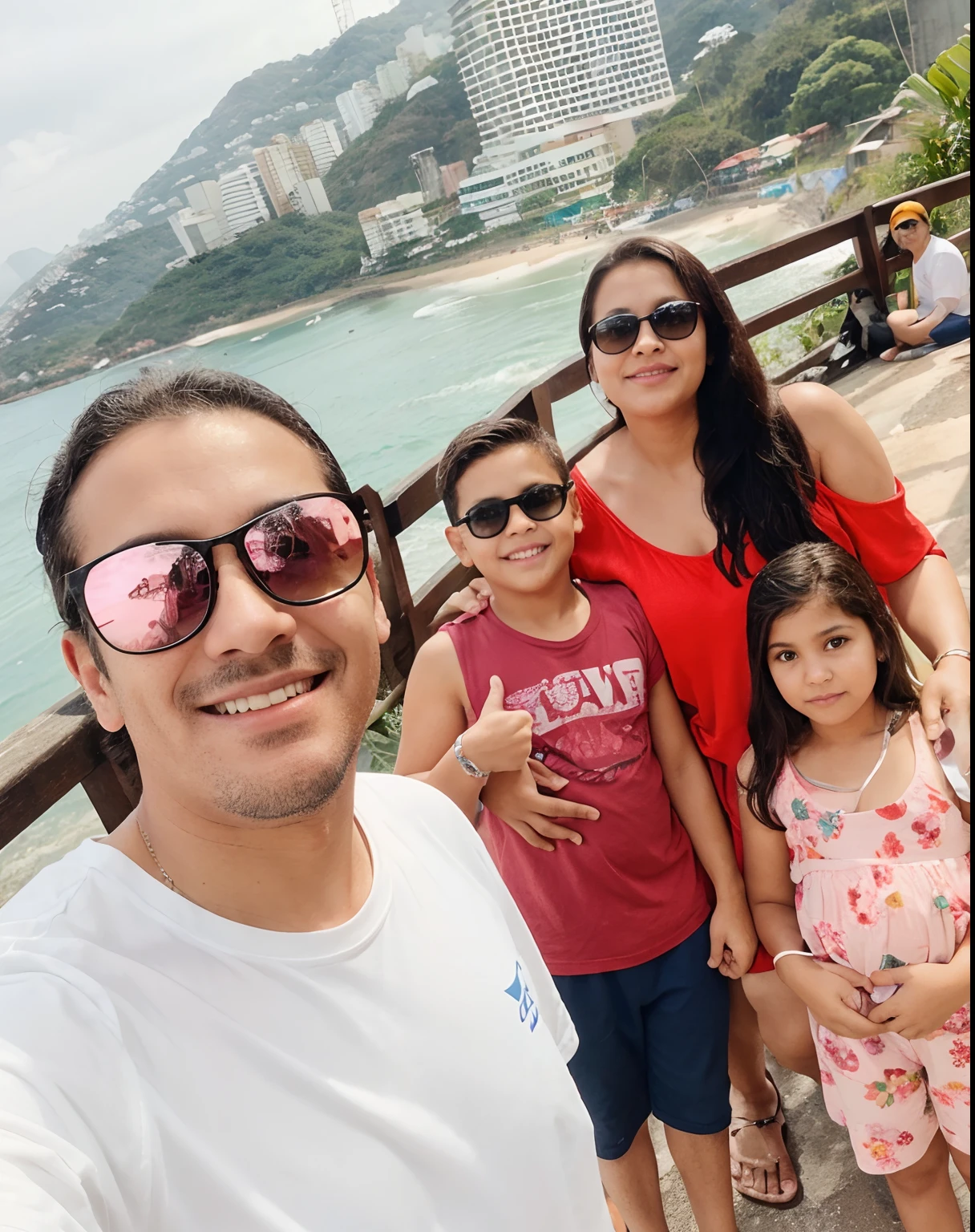 Uma familia composta por pai, mae, filho e filha em um passeio pelo mirante no rio de janeiro