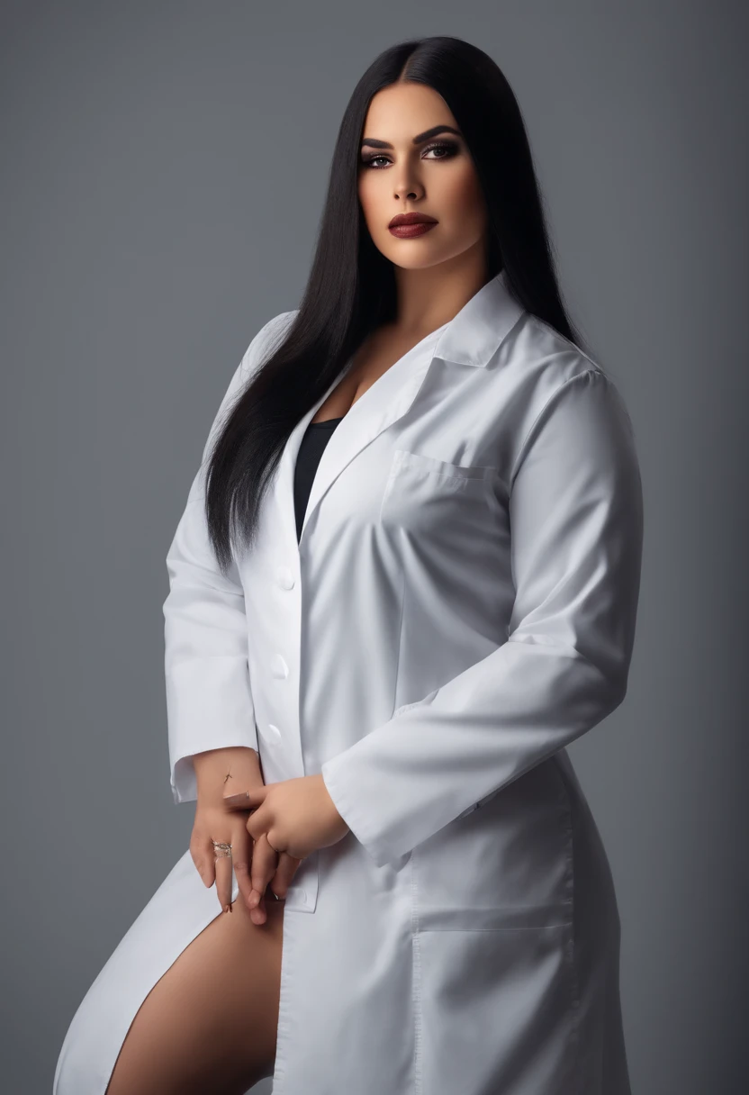 Make a chubby girl with long straight black hair with big breasts and butt. With lab coat and tweezers and scissors in your hands. In a studio of aesthetics