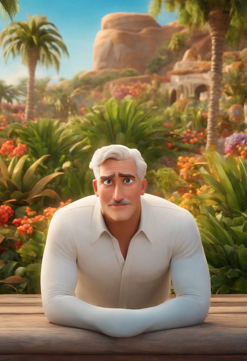 a Disney Pixar movie poster showing a white-skinned man, tem olhos e cabelos castanhos, na altura dos ombros. The background is a beach garden. 3D-rendering
