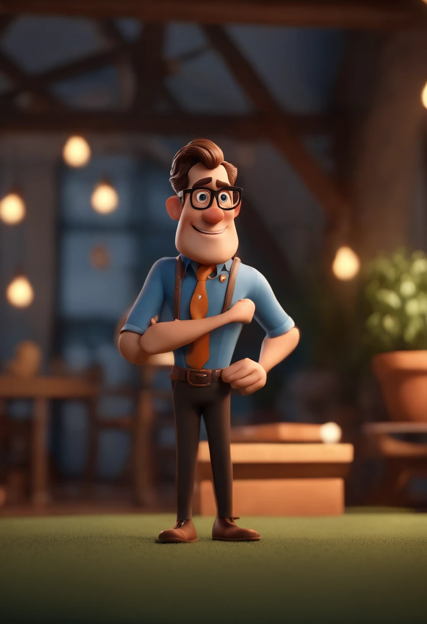 Cartoon character of a man with black glasses, cabelo cacheado marrom escuro e uma camisa azul, animation character, Caractere estilizado, animation style rendering, 3D estilizado, Arnold Maya render, 3 d render stylized, toon render keyshot, Personagem 3D, Personagem 3D, 3d rendering stylized, 3 d character render, personagem de desenho animado, Personagem de close up, Pose de personagem, (Estilo Pixar) (master part:1.2) (Bokeh) (best quality) (pele detalhada) (textura detalhada) (8k) (argila) (Cinematic lighting) (foco nítido
