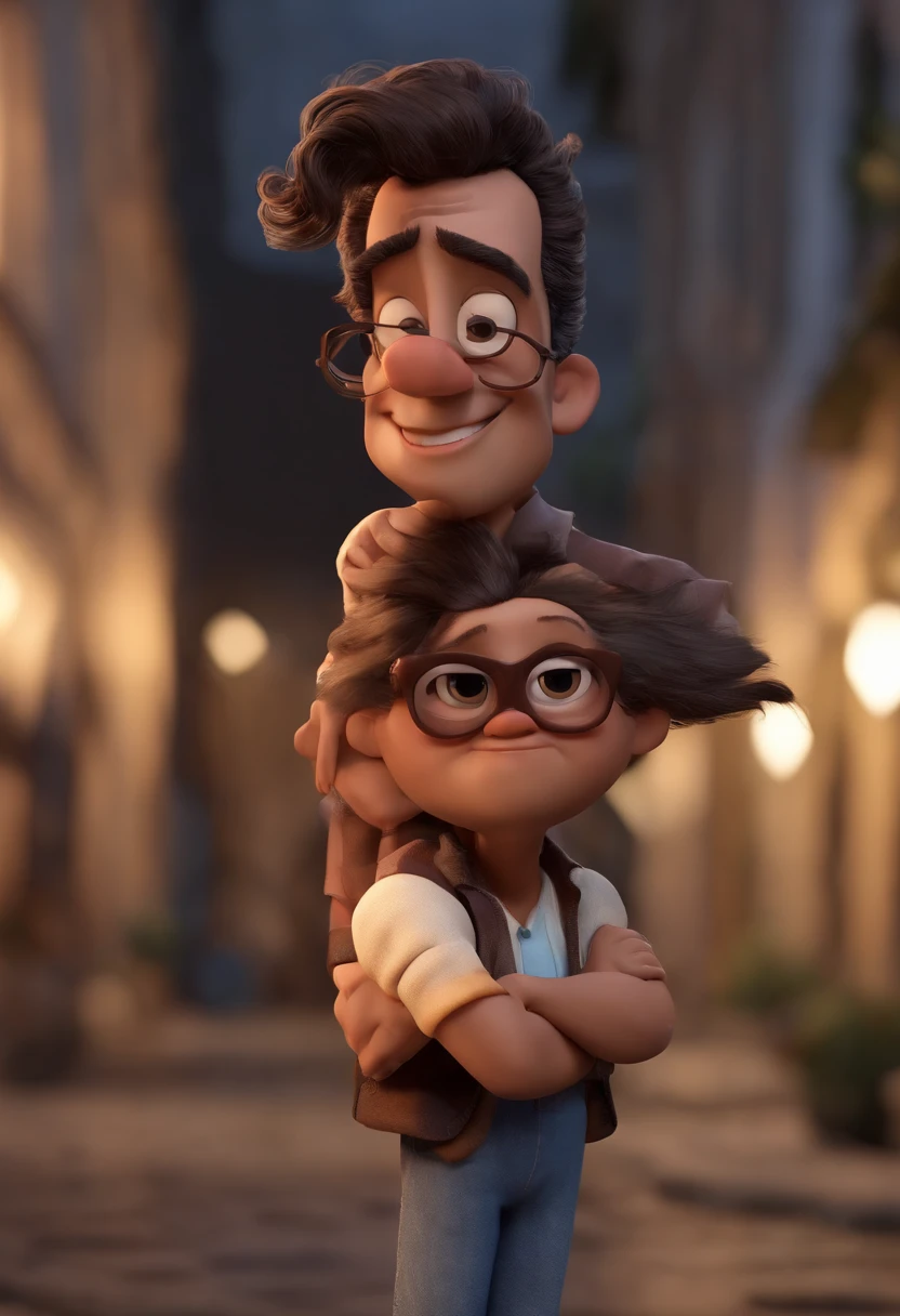 Cartoon character of a man with black glasses, cabelo cacheado marrom escuro e uma camisa azul, animation character, Caractere estilizado, animation style rendering, 3D estilizado, Arnold Maya render, 3 d render stylized, toon render keyshot, Personagem 3D, Personagem 3D, 3d rendering stylized, 3 d character render, personagem de desenho animado, Personagem de close up, Pose de personagem, (Estilo Pixar) (master part:1.2) (Bokeh) (best quality) (pele detalhada) (textura detalhada) (8k) (argila) (Cinematic lighting) (foco nítido