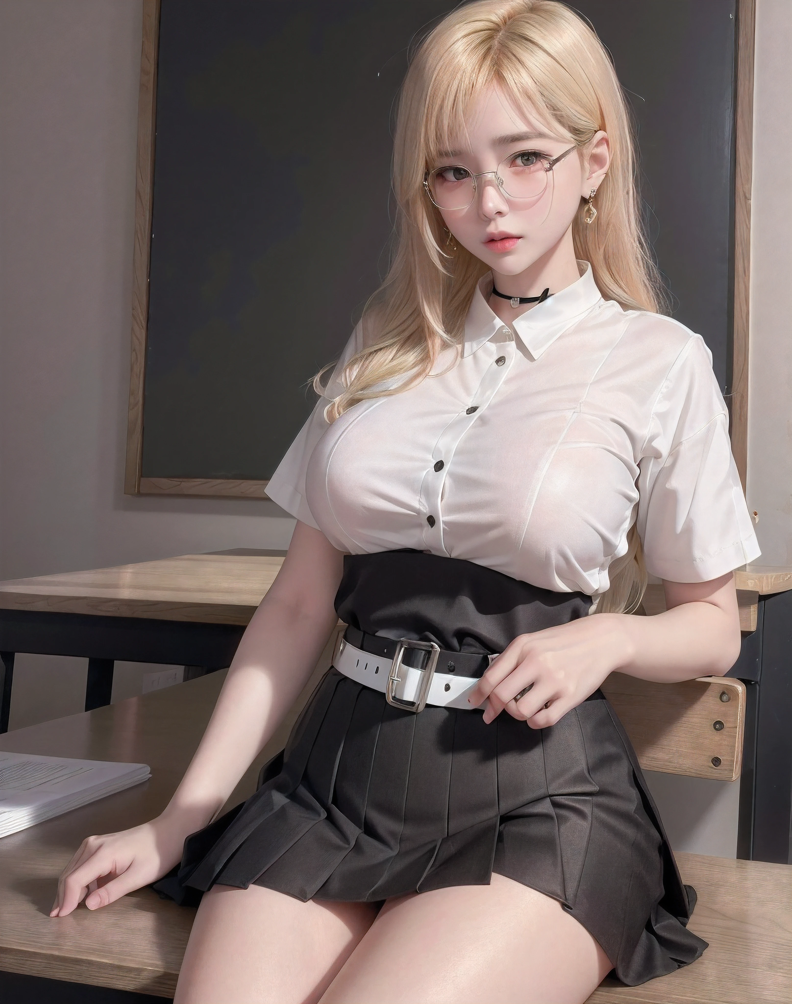 absurdres, 1girl, blush, (realistic:1.5), (masterpiece, Extremely detailed CG unity 8k wallpaper, best quality, highres:1.2), (ultra_detailed, UHD:1.2), perfect illumination, distinct, (1girl:1.4), looking at viewer, unreal engine, sidelighting, perfect face, detailed face, perfect body, beautiful eyes, pretty face, (bright skin:1.4), idol, (abs), ulzzang-6500-v1.1,,((narrow waist)),(blonde hair),MAHALAIUNIFORM,(((WHITE SHIRT SHORT SLEEVES))),((BLACK polished PENCIL SKIRT)),((BLACK PLEATED SKIRT)),((in the classroom)),(choker),((white shirt short sleeves )),((black pencil skirt)),(belt),((sitting on the table)),(Full body:1.4),bangs,((glasses)),sharp eyes,peck the corners of the mouth,silver earrings,hands in hair,silver watch,((medium breast))