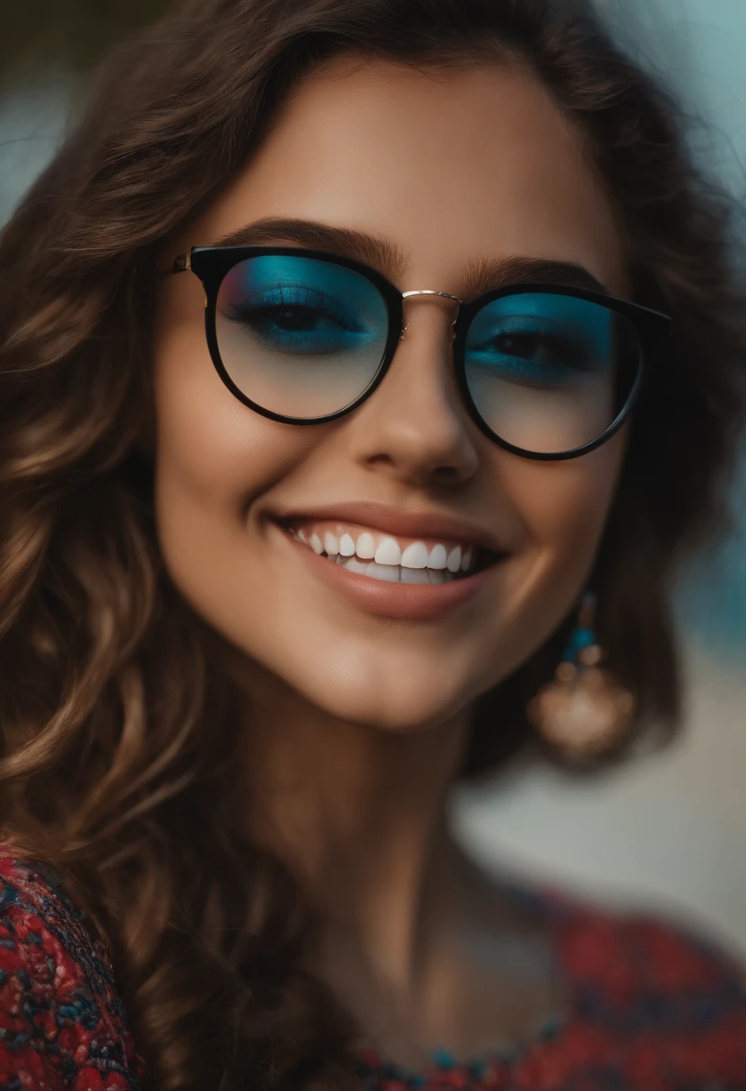 Uma mulher de 18 anos, com longos cabelos castanhos, Rosto redondo, sorriso encantador, e olhos castanhos, wearing glasses.