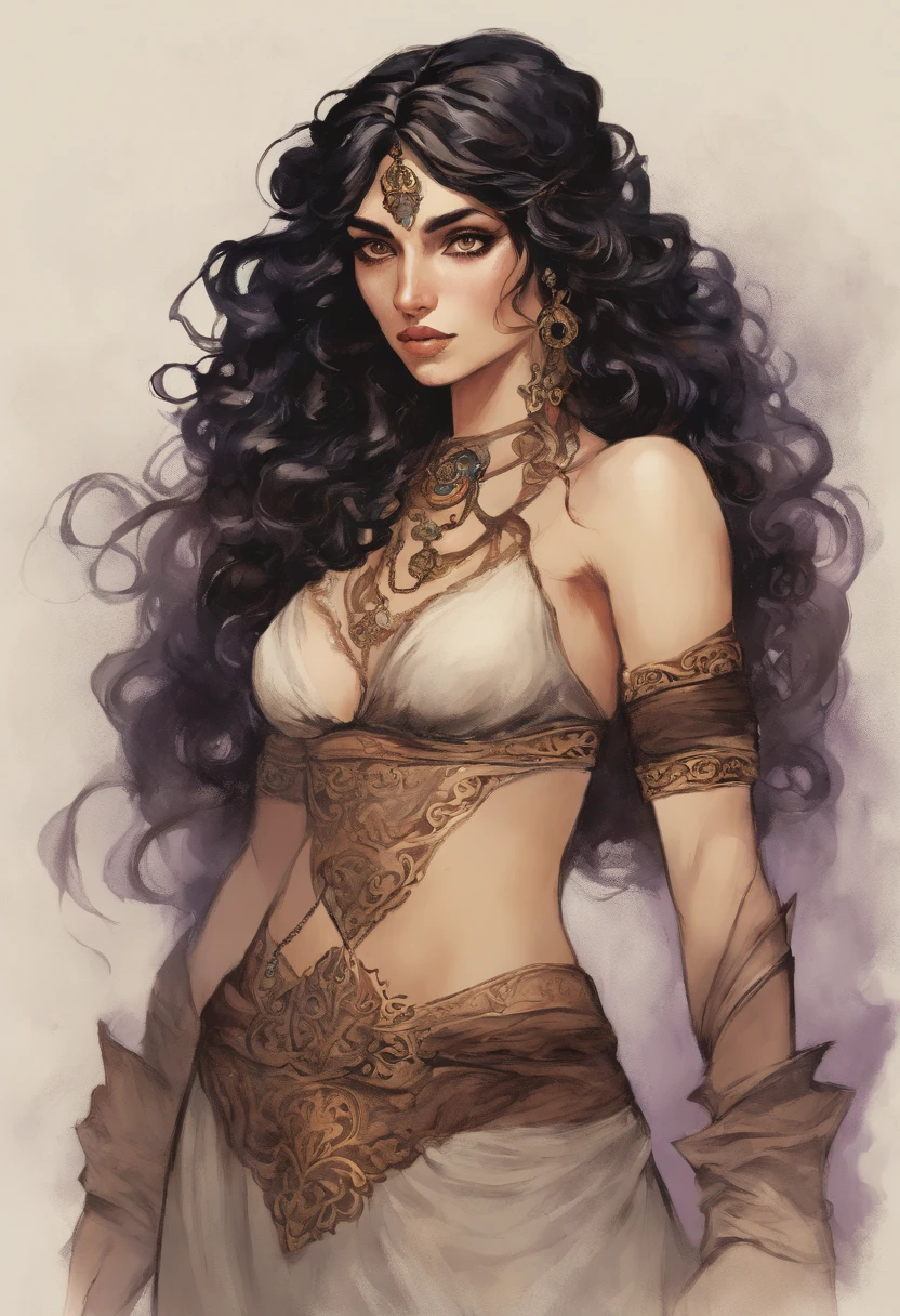 (full body shot: 1:1) high quality, highly detailed, Style: Illustration inspired by the artwork of Joe Benitez and Frank Frazetta, blending retro-Victorian steam punk aesthetic with Frazetta's dynamic and epic fantasy style. Beautiful Persian women with caramel skin. Her skin is as dark as the deepest shadows. It exudes a faint iridescence, giving the impression that she is cloaked in an ever-shifting veil of darkness. Her hair is a cascade of inky black, seemingly woven from the night itself, and it tumbles in dark, seductive waves that appear to absorb the surrounding light. Her eyes are a piercing, intense shade of amethyst.