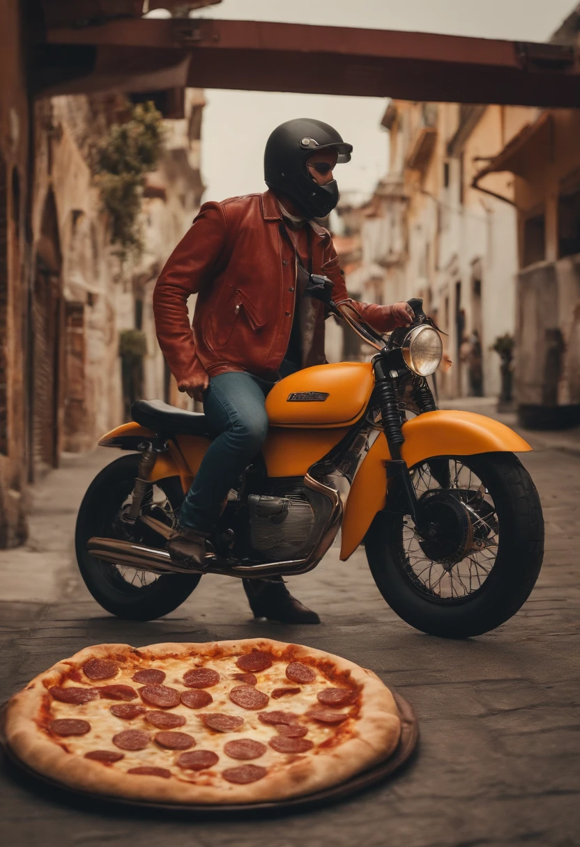 Um motoboy caindo de moto durante uma entrega e derrubando uma pizza