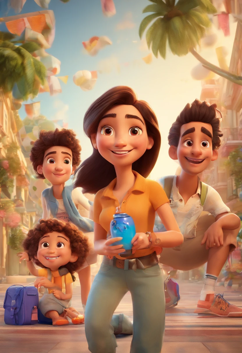 Cartoon of friends having fun on vacation together, 3D Animation Movie Poster, Poster de filme animado, pixar 3 d animation style, pixar renderman rendering, maia 8 mil, animated film, Disney Pixar Estilo 3D, amigos felizes saem juntos, all wearing light blue shirts and cream brown long pants, camisa azul clara, cream brown pants, ao ar livre, vacation, Disney Pixar Animation Poster