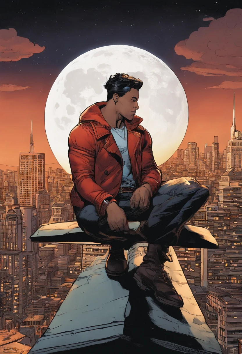 O homem de terno deitou-se na cama,usando meias pretas,Cool Guy Comics, Estilo Skottie young, character on top of a letter D sign style sign on top of a building with a full moon behind apocalyptic backdrop background, Destroyed cities on the ground High Definition 4K