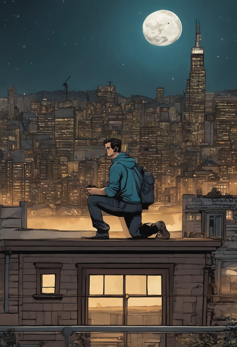 O homem de terno deitou-se na cama，usando meias pretas，Cool Guy Comics, Estilo Skottie young, character on top of a letter D sign style sign on top of a building with a full moon behind apocalyptic backdrop background, Destroyed cities on the ground High Definition 4K