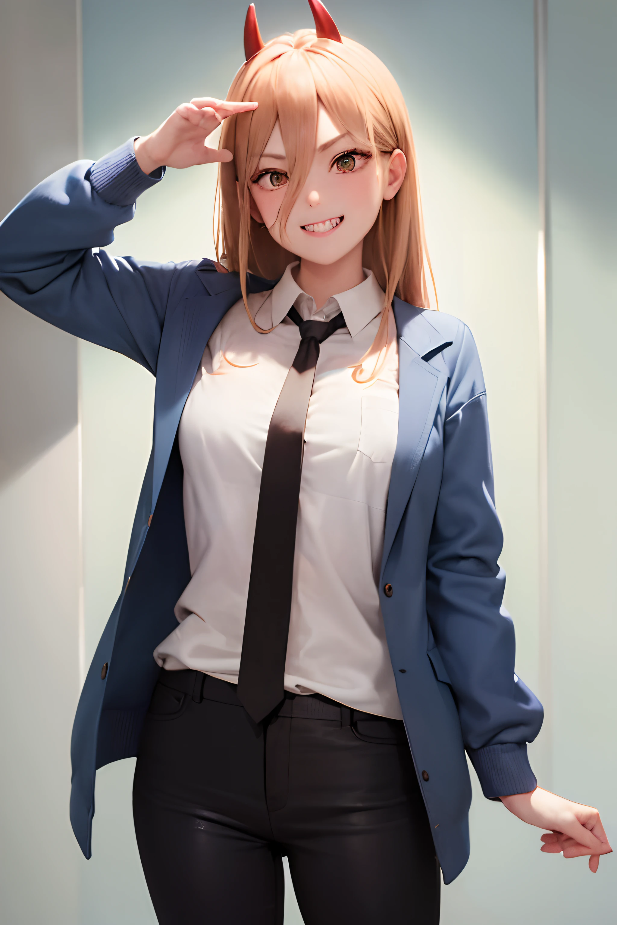 (masterpiece, best quality:1.2), cowboy shot, solo, 1girl, power \(csm\), sharp teeth, grin, looking at viewer, cross-shaped pupils, blue jacket, collared shirt, black necktie, black pants