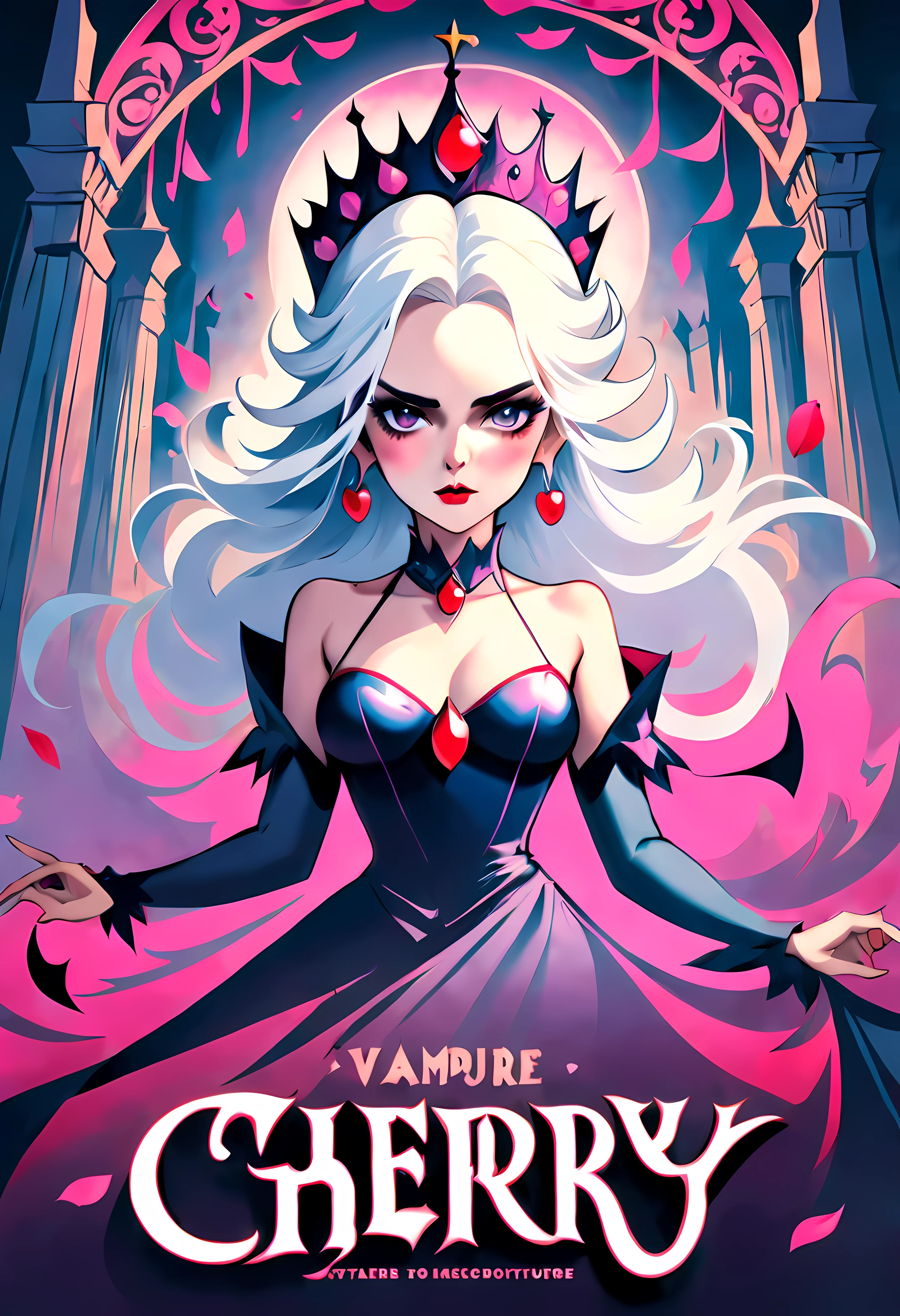 Movie Poster - poster of a movie with the big ((title "Cherry")), a stunning vampire queen exuding elegance and power positioned at the center of the poster, vivid eyes captivating and piercing drawing viewers into her mysterious allure, long flowing white hair cascading down her shoulders adding to her ethereal beauty, an (elegant tiara) adorning her head symbolizing her regal status and authority, bats in the background hinting at the supernatural and enchanting world she inhabits, a romantic ambiance envelops the poster evoking a sense of forbidden love and passion, (((looking at the viewer))), ((summer castle garden behind the vampire)), (falling pink petals)