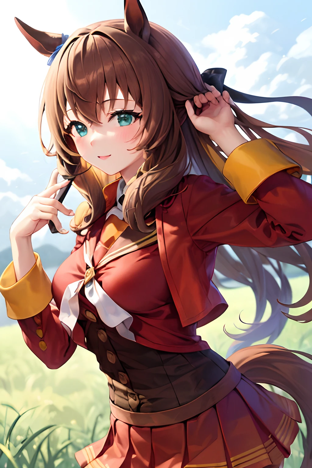 (masutepiece.top-quality:1.3)、1 girl in、Brown Long Hair、Horse-eared girl、Brown horse tail、Red clothes、Red skirt、Hair is fluttering、Raking up your hair、