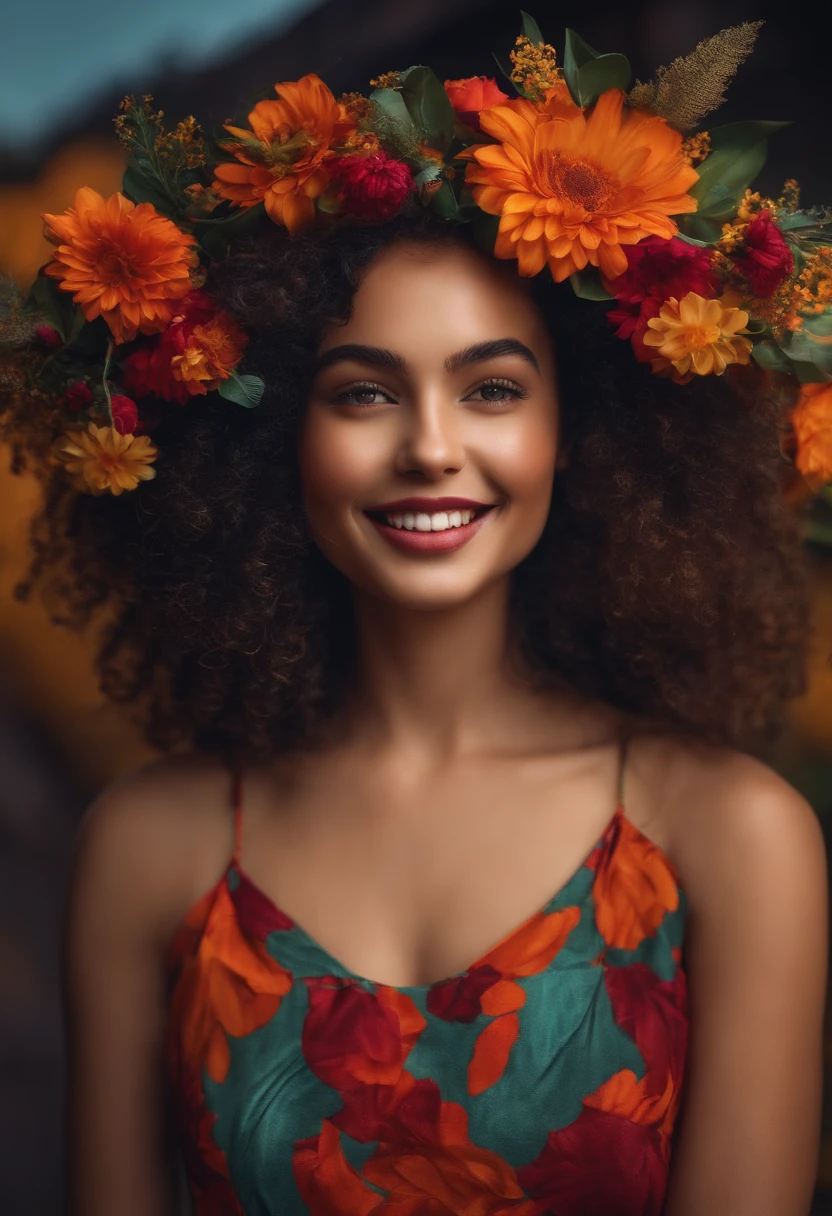 Jovem mulher de 25 anos,Com cabelo ruivo laranja longo e cacheado sedoso e macio,Olho azul detalhado e perfeito,com Sarda no rosto,Ultra Perfection,Pele branca,Olho azul claro,Qualidade de cinema,Vestindo um vestido verde agua longo hippie,Com uma flor natural detalhada e perfeita no cabelo,Em um lugar antigo,com quadros de bruxa,showing from head to torso,Ultra HD,Lighting perfeita,Mega HD,Ultra 4K