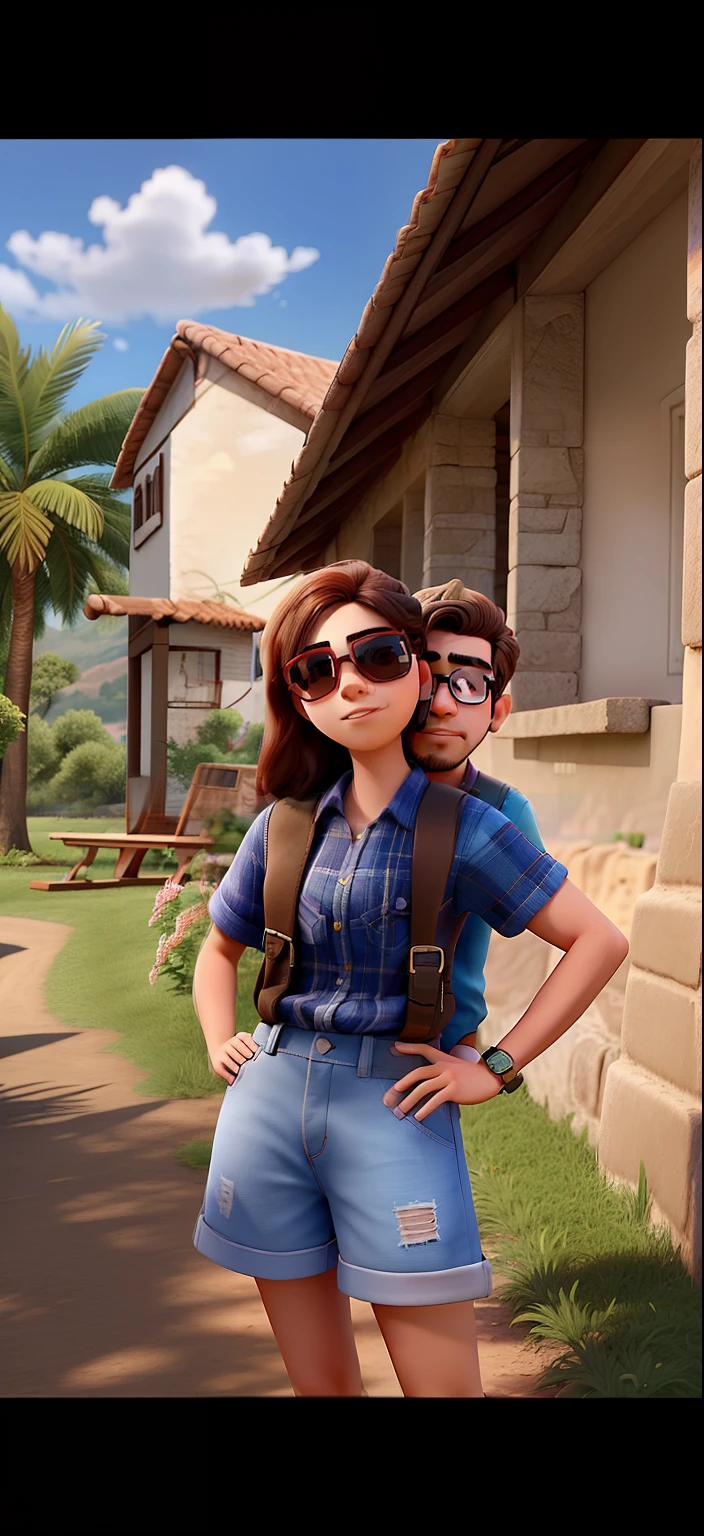 Young couple with sunglasses and passionate look. O jovem rapaz tem barba no rosto todo. The two of them are in a very beautiful background landscape