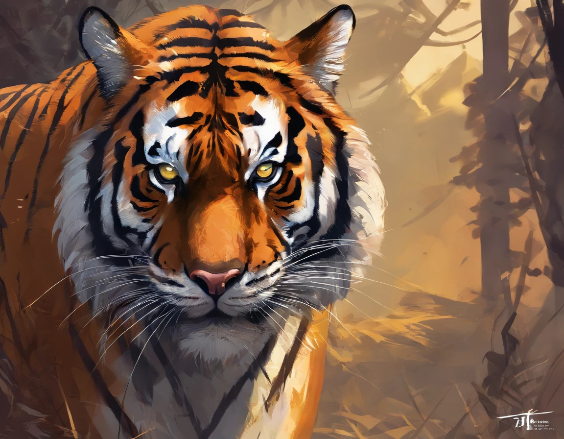 The tiger focuses on the face, (best qualityer, highr, photo-realistic:1.37), A detailed eye, Strong gaze, Robust and powerful construction, Vivid and eye-catching colors, Dramatic lighting, Inspiring composition, Majestic and ferocious presence, Wildlife photography style, a warm color palette