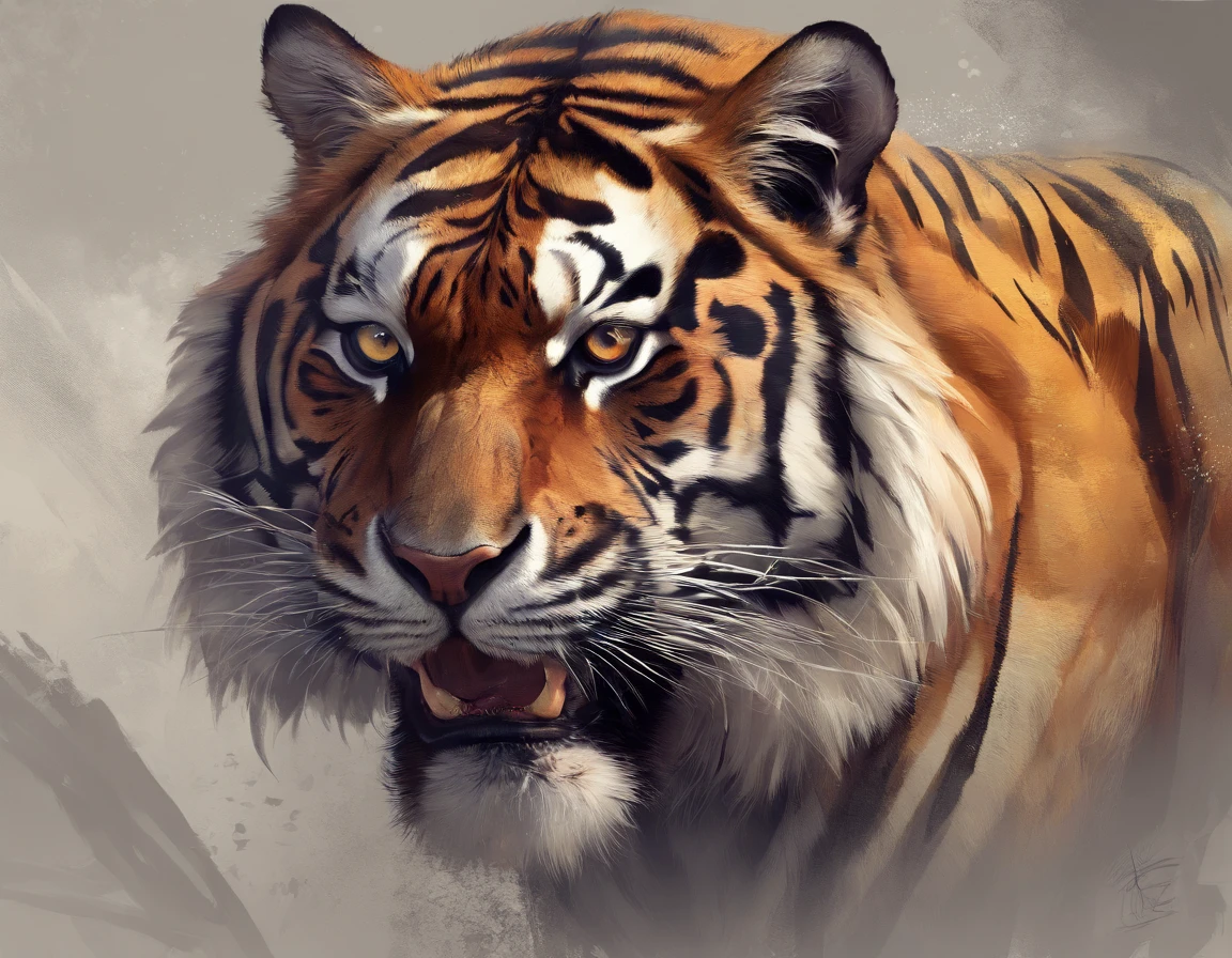 The tiger focuses on the face, (best qualityer, highr, photo-realistic:1.37), A detailed eye, Strong gaze, Robust and powerful construction, Vivid and eye-catching colors, Dramatic lighting, Inspiring composition, Majestic and ferocious presence, Wildlife photography style, a warm color palette