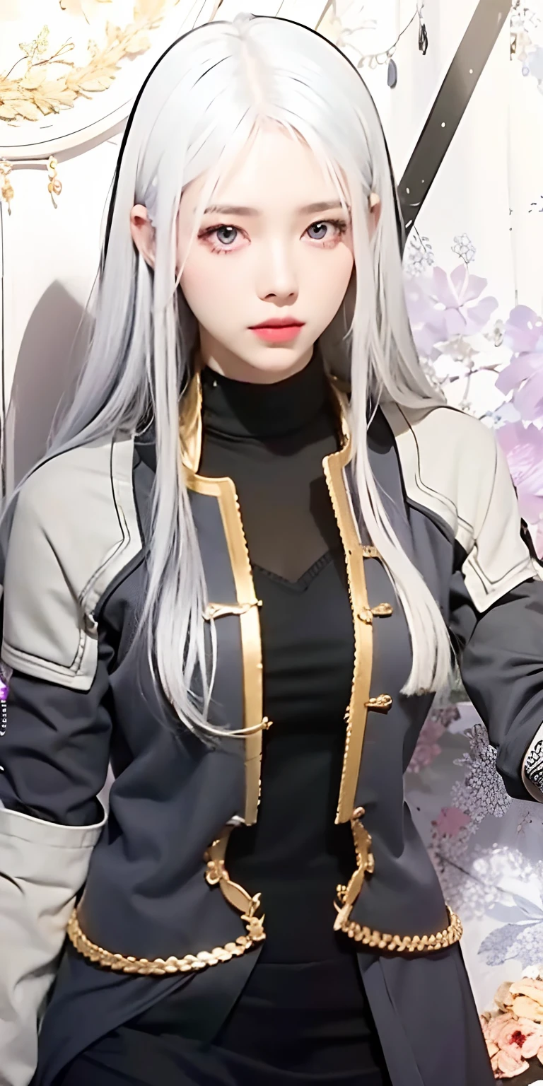 1girl,silver hair, purple eyes,gray clothes, ultra detailed, masterpiece, realistic