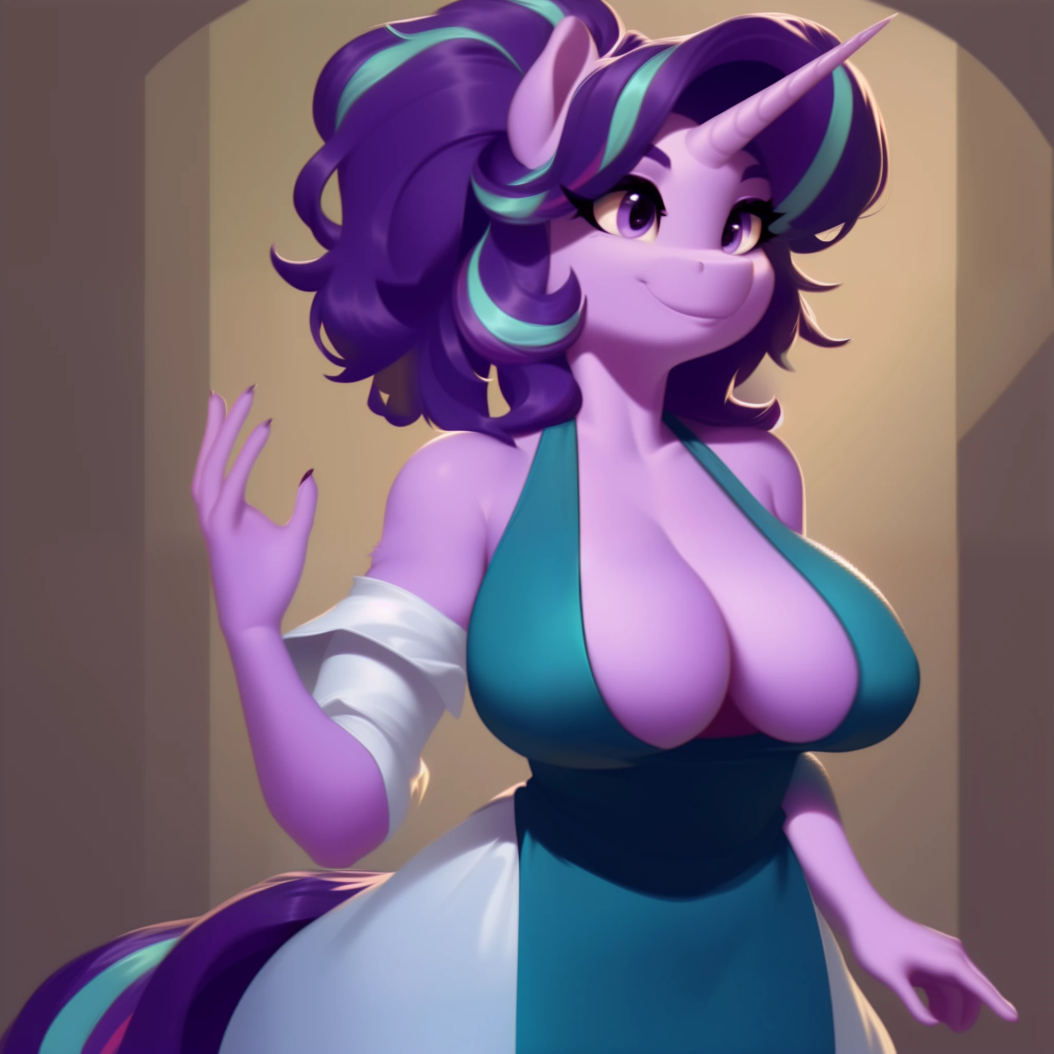 (score_9), (source_pony), (solo), (alicorn), ((anthro starlight glimmer fusion twilight sparkle:1.2)), (librarian dress), facing you, sexy, smiling, sensual, long Messy hair, anatomically correct, night garden, standing near fountain, big breast, half body, anime art style