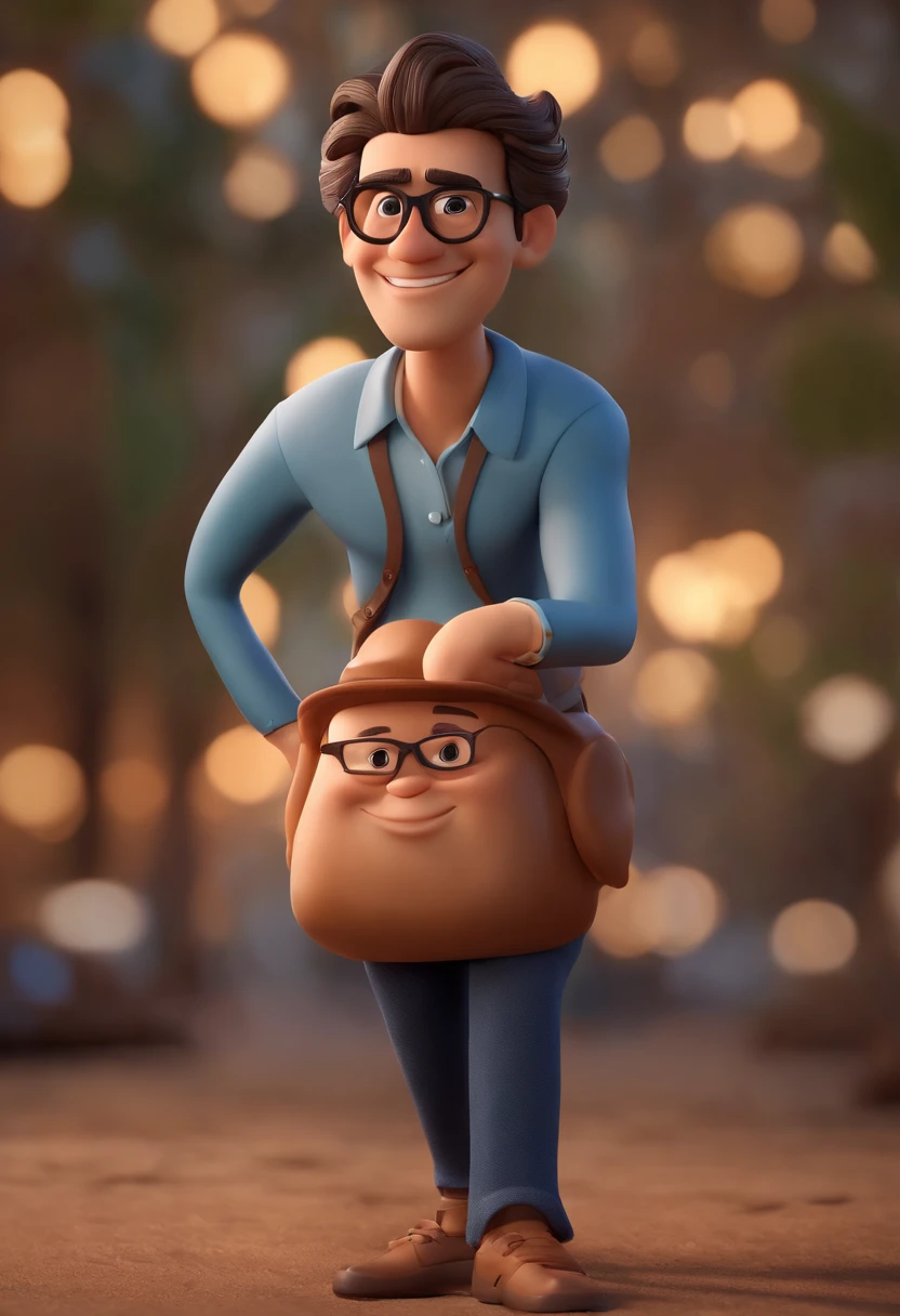 Cartoon character of a man with black glasses, cabelo cacheado marrom escuro e uma camisa azul, animation character, Caractere estilizado, animation style rendering, 3D estilizado, Arnold Maya render, 3 d render stylized, toon render keyshot, Personagem 3D, Personagem 3D, 3d rendering stylized, 3 d character render, personagem de desenho animado, Personagem de close up, Pose de personagem, (Estilo Pixar) (master part:1.2) (Bokeh) (best quality) (pele detalhada) (textura detalhada) (8k) (argila) (Cinematic lighting) (foco nítido