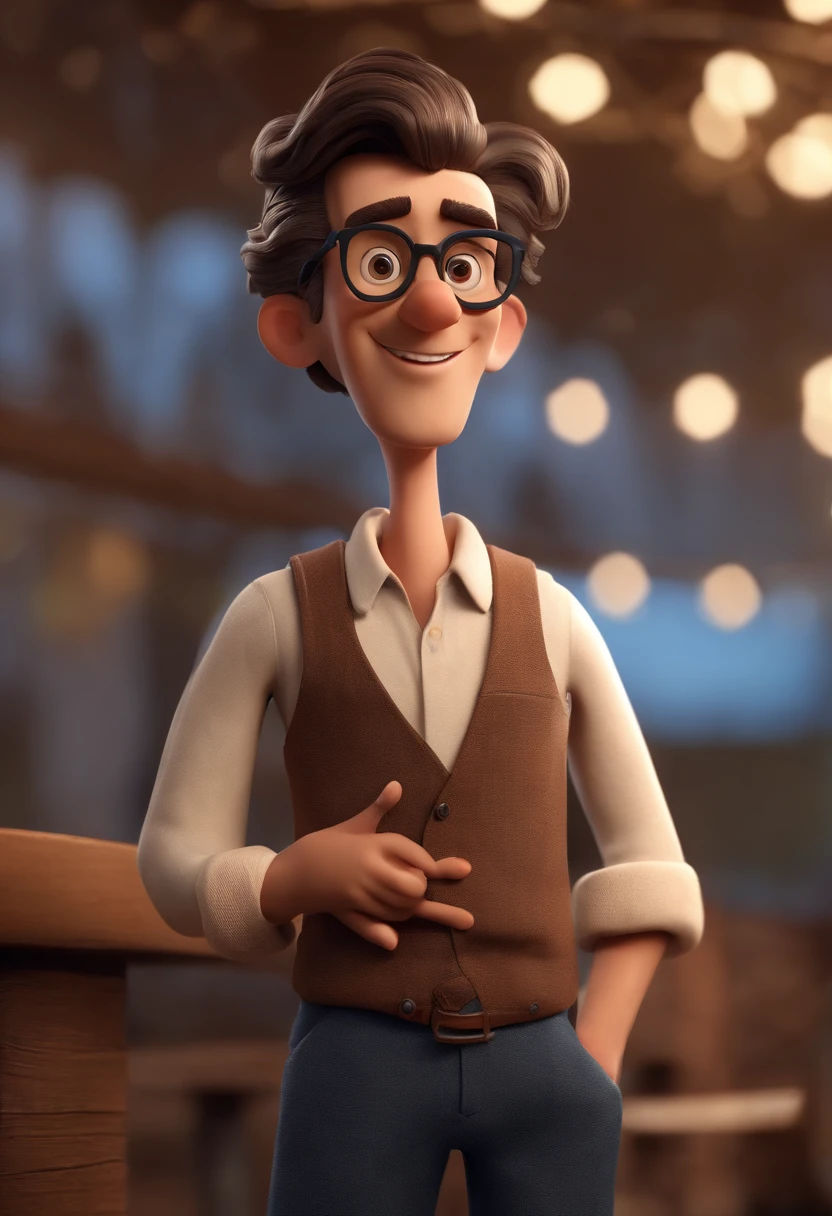 Cartoon character of a man with black glasses, cabelo cacheado marrom escuro e uma camisa azul, animation character, Caractere estilizado, animation style rendering, 3D estilizado, Arnold Maya render, 3 d render stylized, toon render keyshot, Personagem 3D, Personagem 3D, 3d rendering stylized, 3 d character render, personagem de desenho animado, Personagem de close up, Pose de personagem,  (Estilo Pixar) (master part:1.2) (Bokeh) (best quality) (pele detalhada) (textura detalhada) (8k) (argila) (Cinematic lighting) (foco nítido
