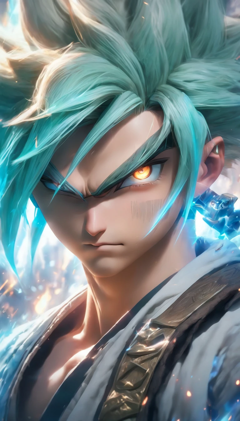 China-style,Ezreal de League of Legend com brincos Dragonball Z , messy short blue hair, Efeitos de brilho, hyper-realistic, foto ultra realista, Estilo de tinta chinesa preto e branco, dinheiro, Discoloration,Manchar,tinta,4k,Superfino,alta qualidade, Renderizador OC, wearing goggles