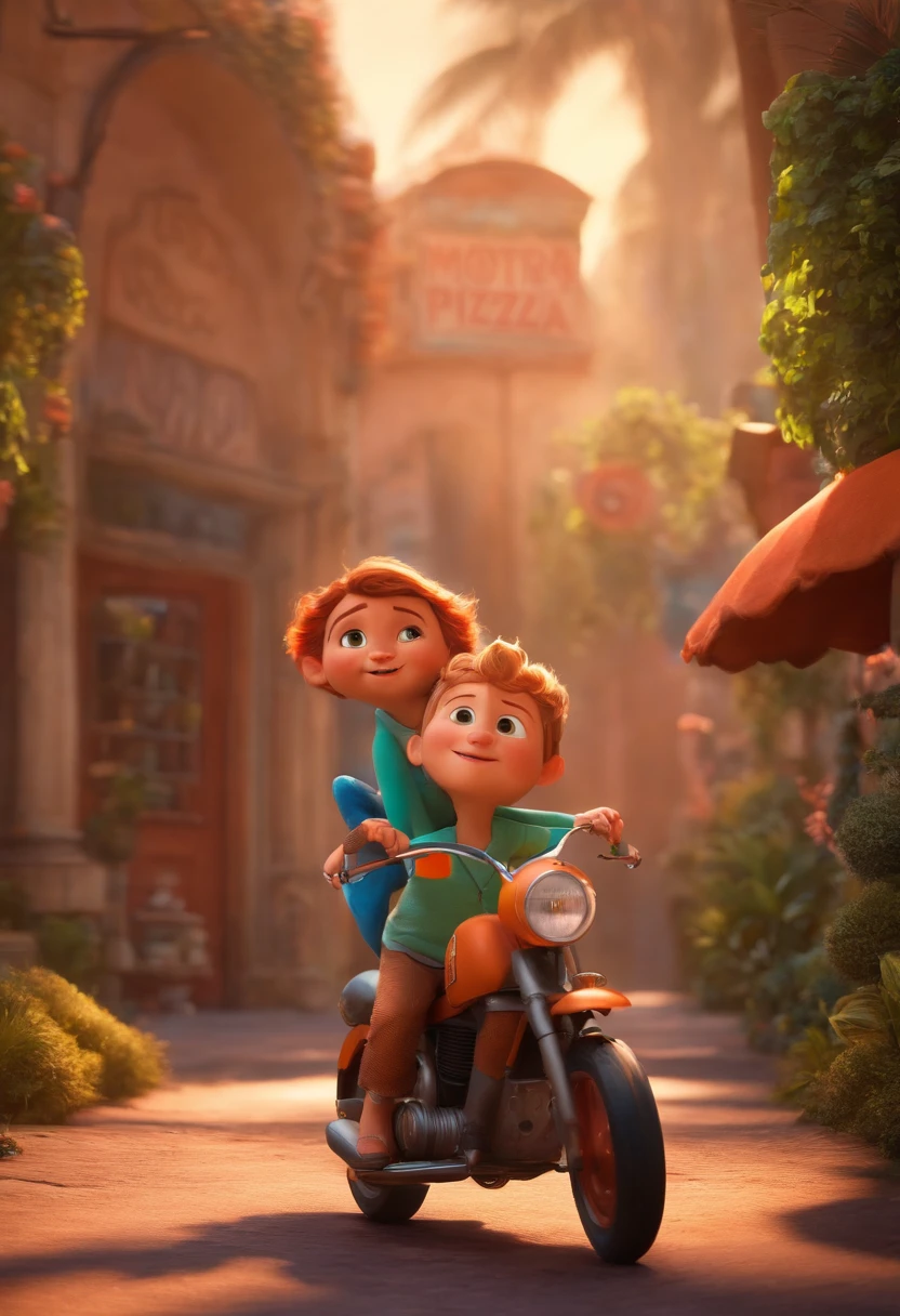 uma capa de filme da pixar, um motoboy sofrendo um acidente durante a entrega de pizza