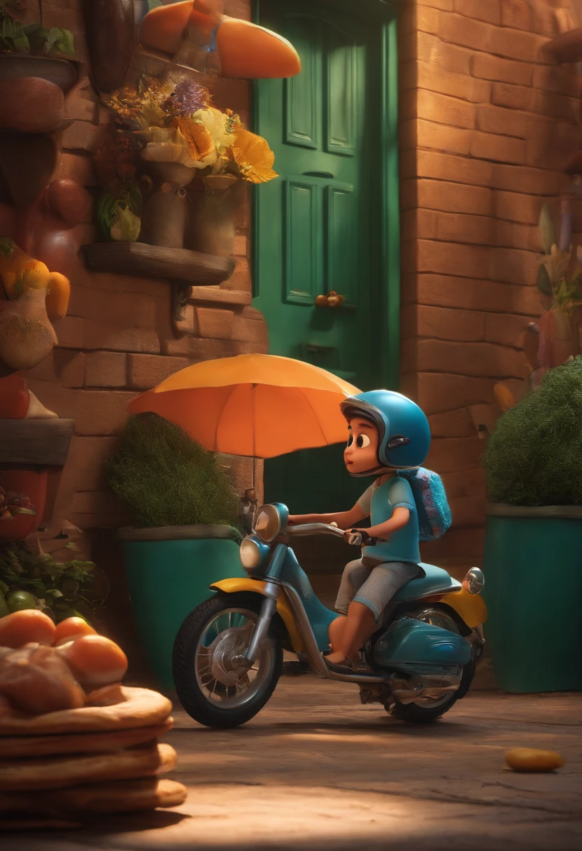 uma capa de filme da pixar, um motoboy sofrendo um acidente durante a entrega de pizza