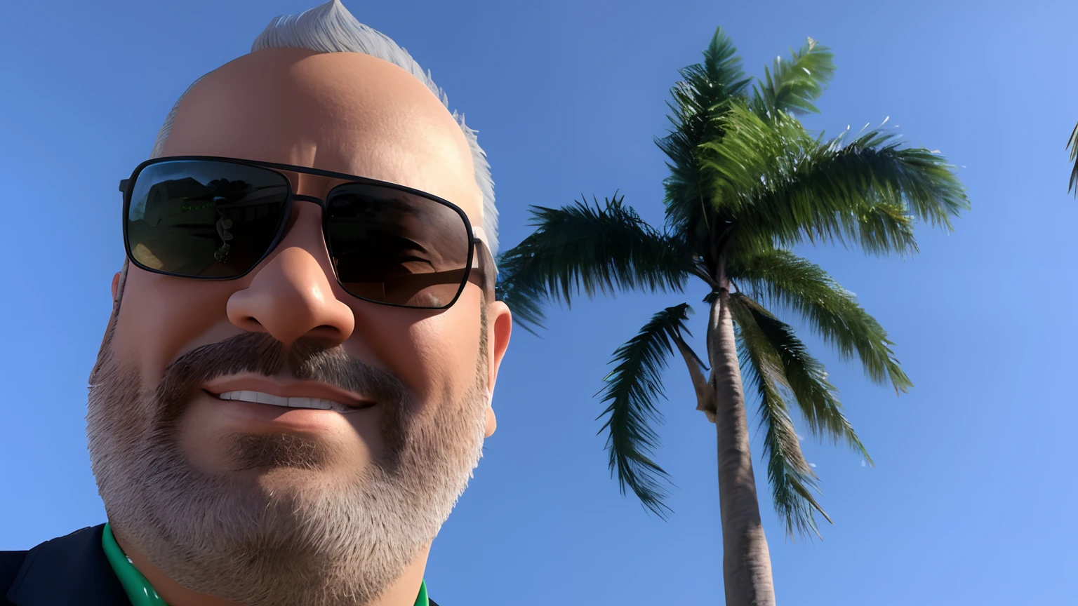 There's a man in sunglasses and a tie in front of a palm tree, palmeiras no fundo, com palmeiras nas costas, trees in the background, with a tree in the background, Fotografia selfie 8k, tree palms in background, trees in background, tree in the background, selfie shot straight on angle, Standing near the beach Stylized character, animation style rendering, 3D estilizado, Arnold Maya render, 3 d render stylized, toon render keyshot, Personagem 3D, Personagem 3D, 3d rendering stylized, 3 d character render, personagem de desenho animado, Personagem de close up, Pose de personagem, (Estilo Pixar) (master part:1.2) (Bokeh) (best quality) (pele detalhada) (textura detalhada) (8k) (argila) (Cinematic lighting) (foco nítido
