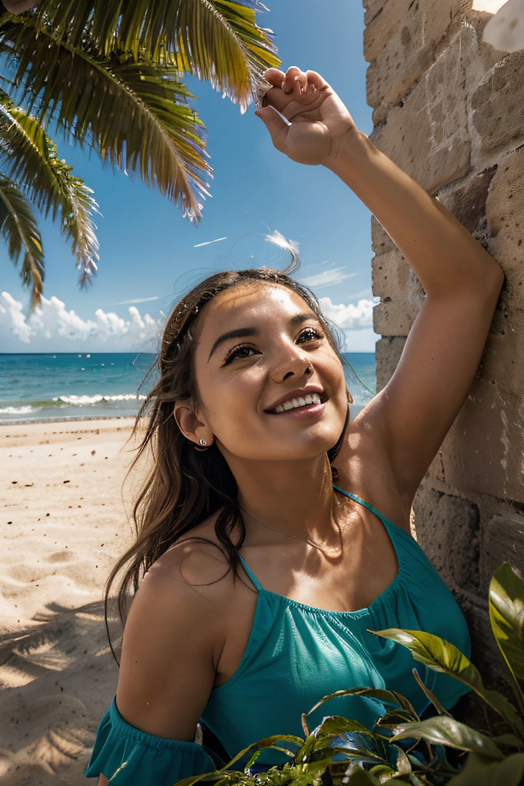 8k,Woman looking at the sea,1 Super beautiful people(Like the real thing), Sharpening of facial expressions,Blue sky and white clouds with warm sunshine, Smiling and gazing into the distance, The fine grains of sand on the beach sparkle in gold., The wind is accompanied by small waves. The distant island is surrounded by greenery, sexly, Her stunning beauty is like a ray of light, Captivating the whole of heaven and earth. . Beach dream scene, people々Make people feel like they&#39;re there, Enjoy the beauty,The perfect angle、Professional quality high resolution、perfect contrast、Perfect lighting、Perfect composition、Perfect Skin、Perfect Fingers、Perfect breasts、Perfect Hair、Perfect Face、Realistic facial features,masterpiece,Photorealistic RAW photos,Bright colors,Rich colors,50MM lens,Nikon D850,super highest quality,Slim figure,Perfect body line,Perfect hand shape,Anatomical body balance,Highly detailed face,Highly detailed eyes,Beautiful Lips,Excellent light particles,Cinema Lighting,Makeup,Ultra-high resolution,Ultra-Realistic Skin,Close up of a sexly woman,breast enhancement,