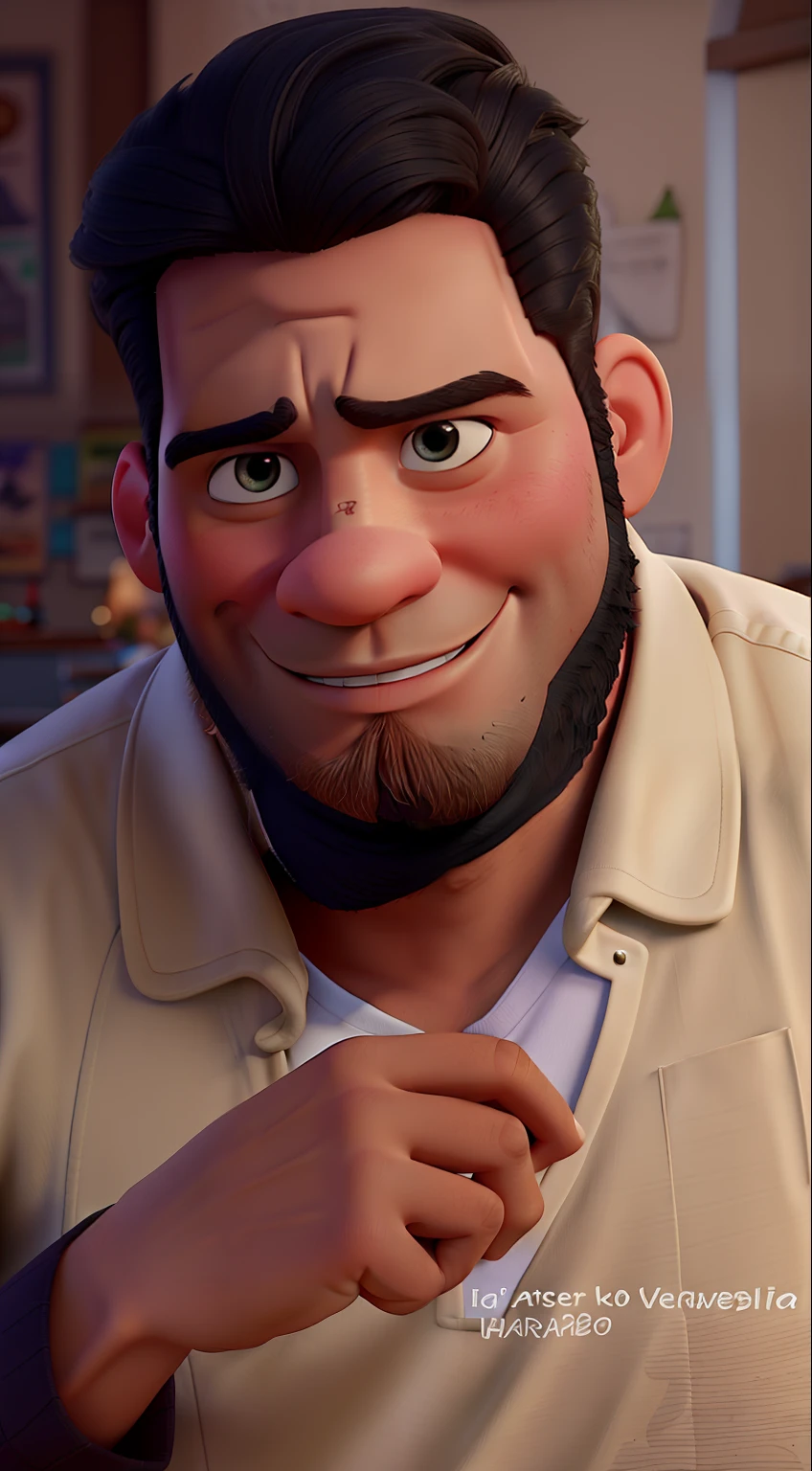 Poster no estilo Disney pixar, alta qualidade, melhor qualidade, homem sexy branco, 30 anos cabelo grisalho barba preta, com fundo em um restaurante hamburgueria