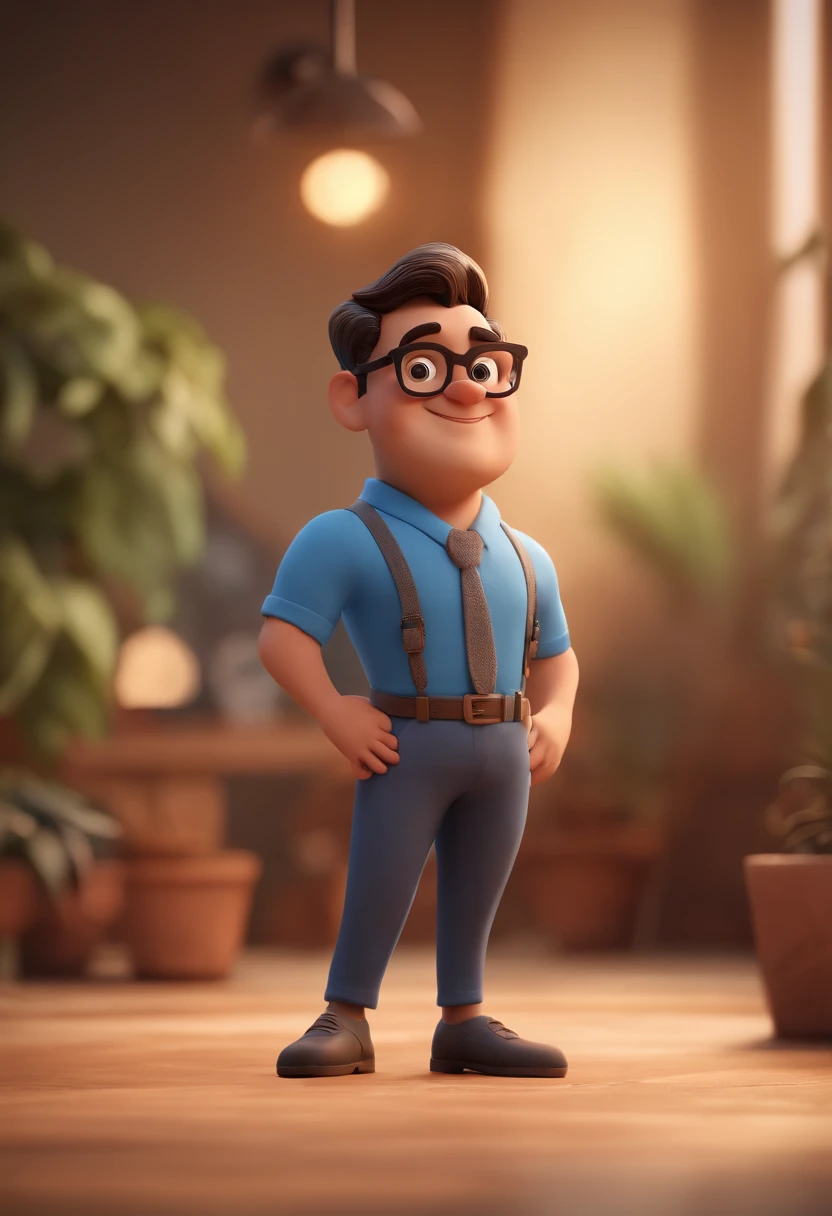 Cartoon character of a man with black glasses and a blue shirt, animation character, Caractere estilizado, animation style rendering, 3D estilizado, Arnold Maya render, 3 d render stylized, toon render keyshot, Personagem 3D, Personagem 3D, 3d rendering stylized, 3 d character render, personagem de desenho animado, Personagem de close up, Pose de personagem,  (Estilo Pixar) (master part:1.2) (Bokeh) (best quality) (pele detalhada) (textura detalhada) (8k) (argila) (Cinematic lighting) (foco nítido