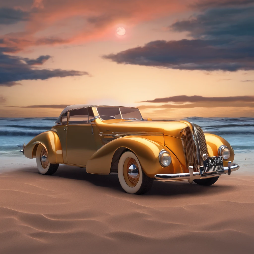 A relaxed man, fashionably dressed in casual attire, nonchalantly leans against a vintage car on the expansive sandy beach, with the moonlit ocean creating a mesmerizing backdrop. This captivating image, whether a painting or photograph, exudes a sense of tranquility and sophistication. The man exudes an air of effortless coolness, his confident posture mirroring the timeless elegance of the vintage car. The soft glow of the moonlight dances on the waves, adding a touch of ethereal magic to this beautifully composed and high-quality image.