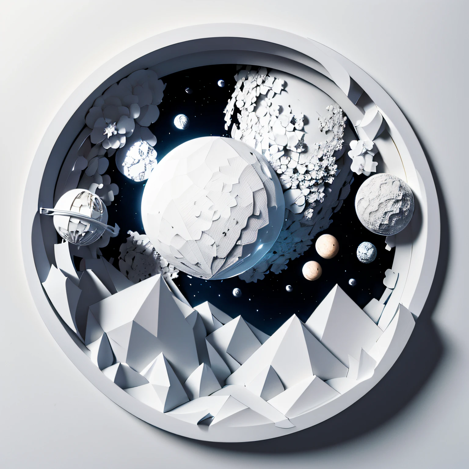 papercraft image, monochromatic white, all white, no colour, satellite in space over earth