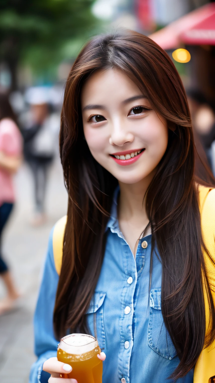 Girl drinking beer、a street、Walking、Gaze to the side、A delightful、Beautie、Tremendously beautiful、dual、A slender、a smile、The long-haired, high quality image, high resolution in detail, try-x