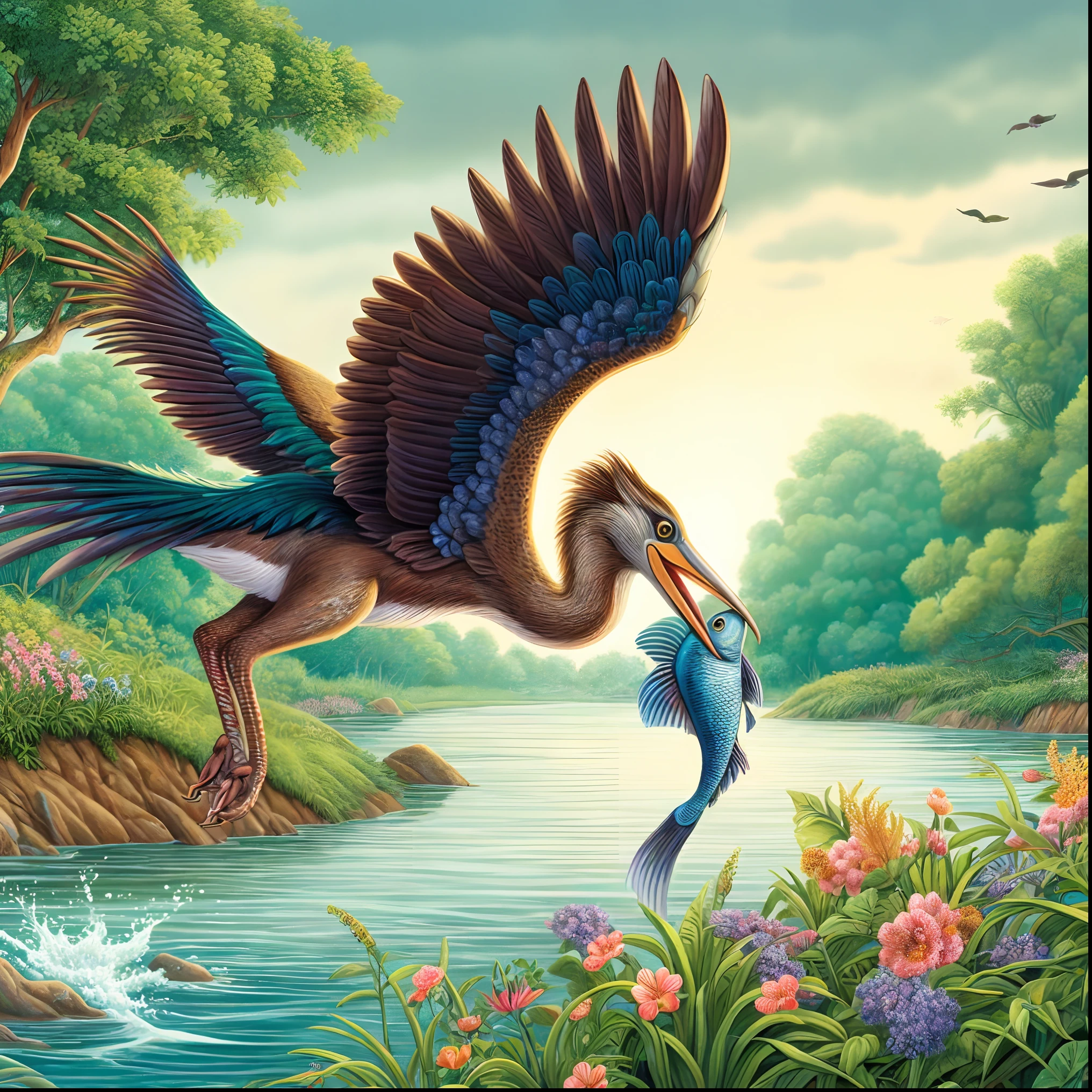 a painting of a bird with a fish in its mouth, paleoart, by David B. Mattingly, by Jason Benjamin, realistic paleoart, by David G. Sorensen, inspired by John James Audubon, hildebrandt, an illustration of, by Rob Alexander, by Joe Mangrum, zoology! fantastical creatures, by Alexander Kucharsky