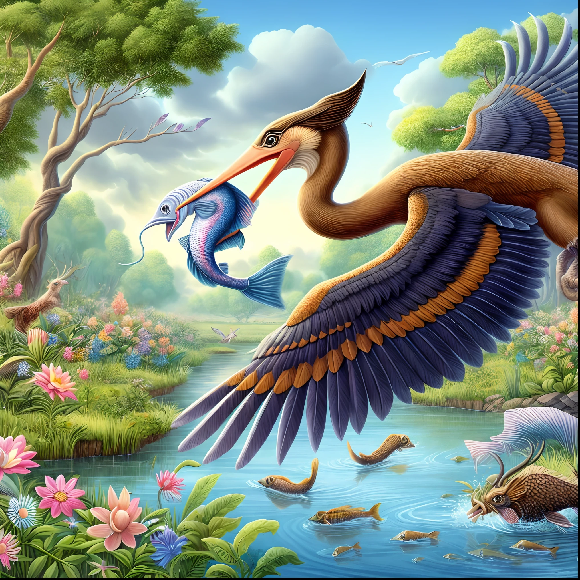 there is a bird that is flying over a body of water, paleoart, with pterosaurs flying, realistic paleoart, a beautiful artwork illustration, realistic fantasy illustration, detailed fantasy illustration, pterosaurs flying, prehistoric fantasy, amazing depth, zoology! fantastical creatures, detailed fantasy digital art, flying mythical beasts, science fantasy painting